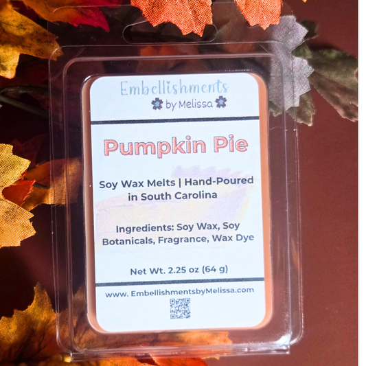 Fall-scented pumpkin pie wax melts made. from soy wax.