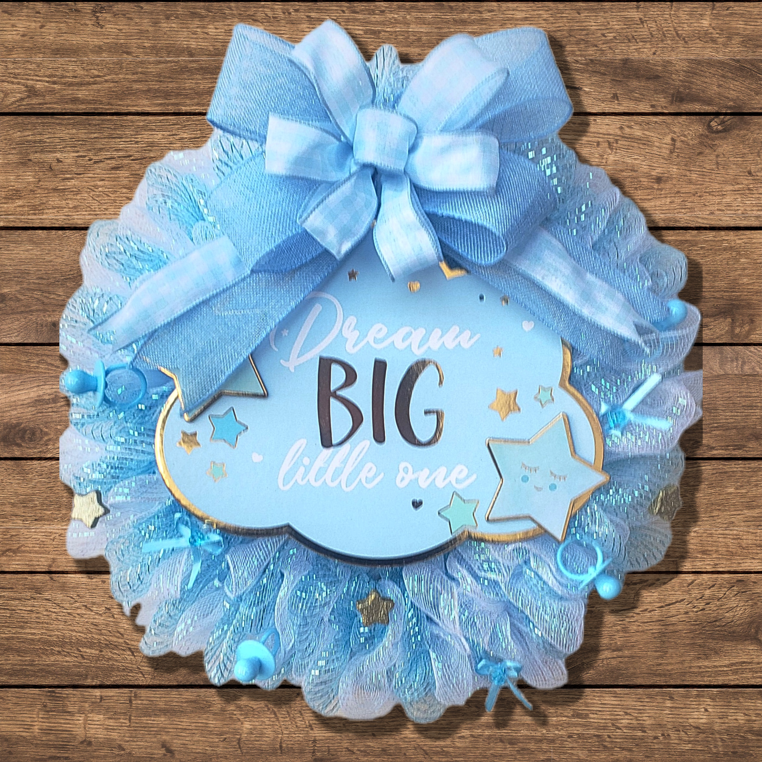 Blue baby boy wreath for baby shower, nursery or front door.