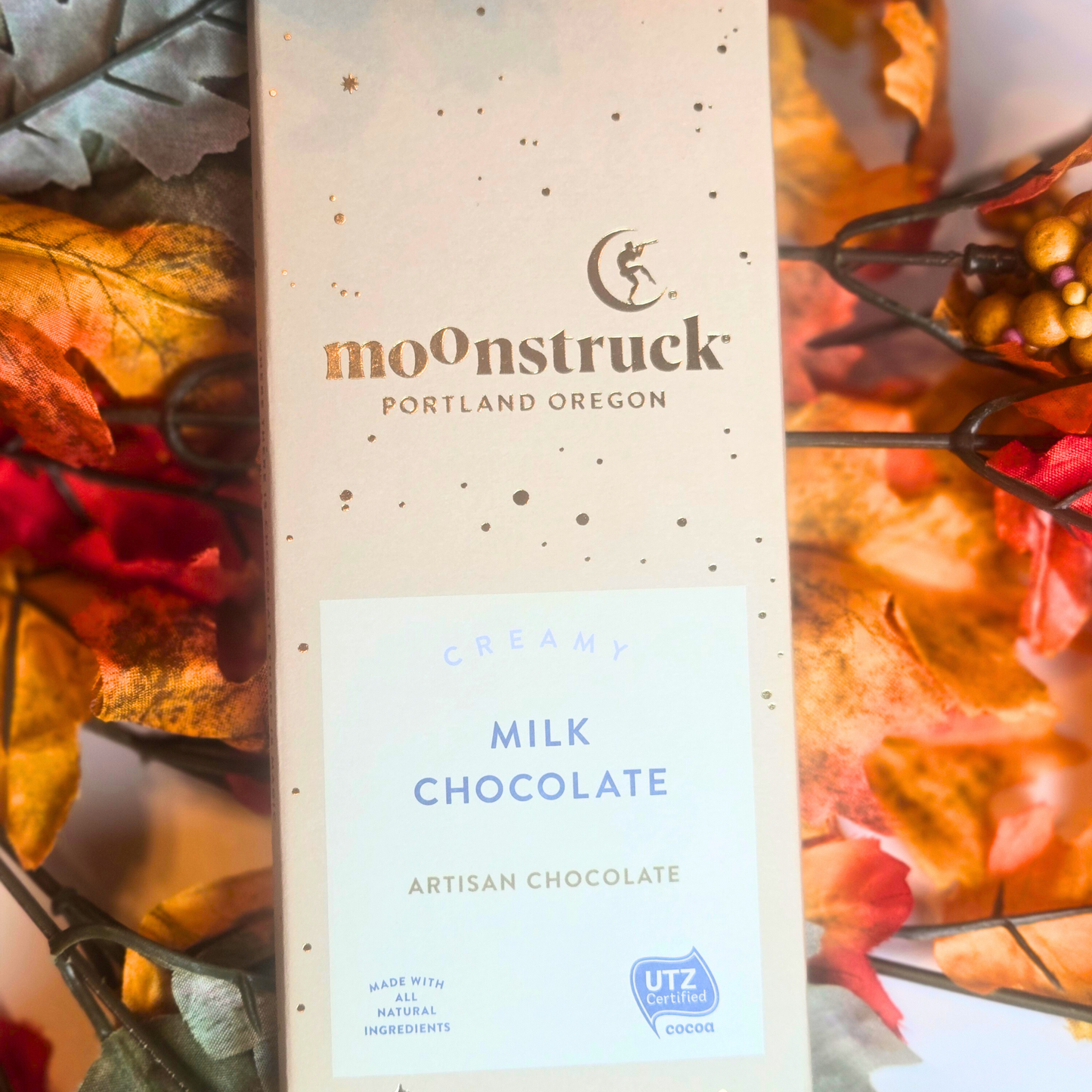 Chocolate bar surrounded by fall leaves.