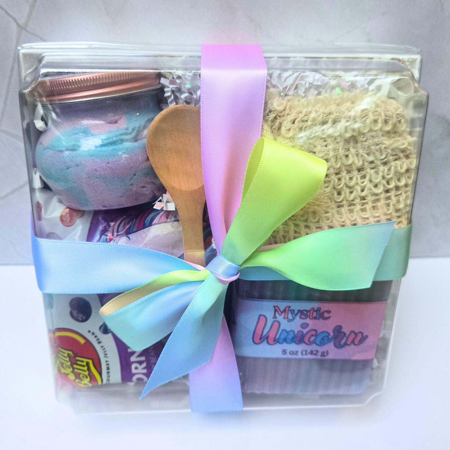 Close-up of mystical unicorn soap bar featuring vibrant colors and magical sparkle, perfect for gifting