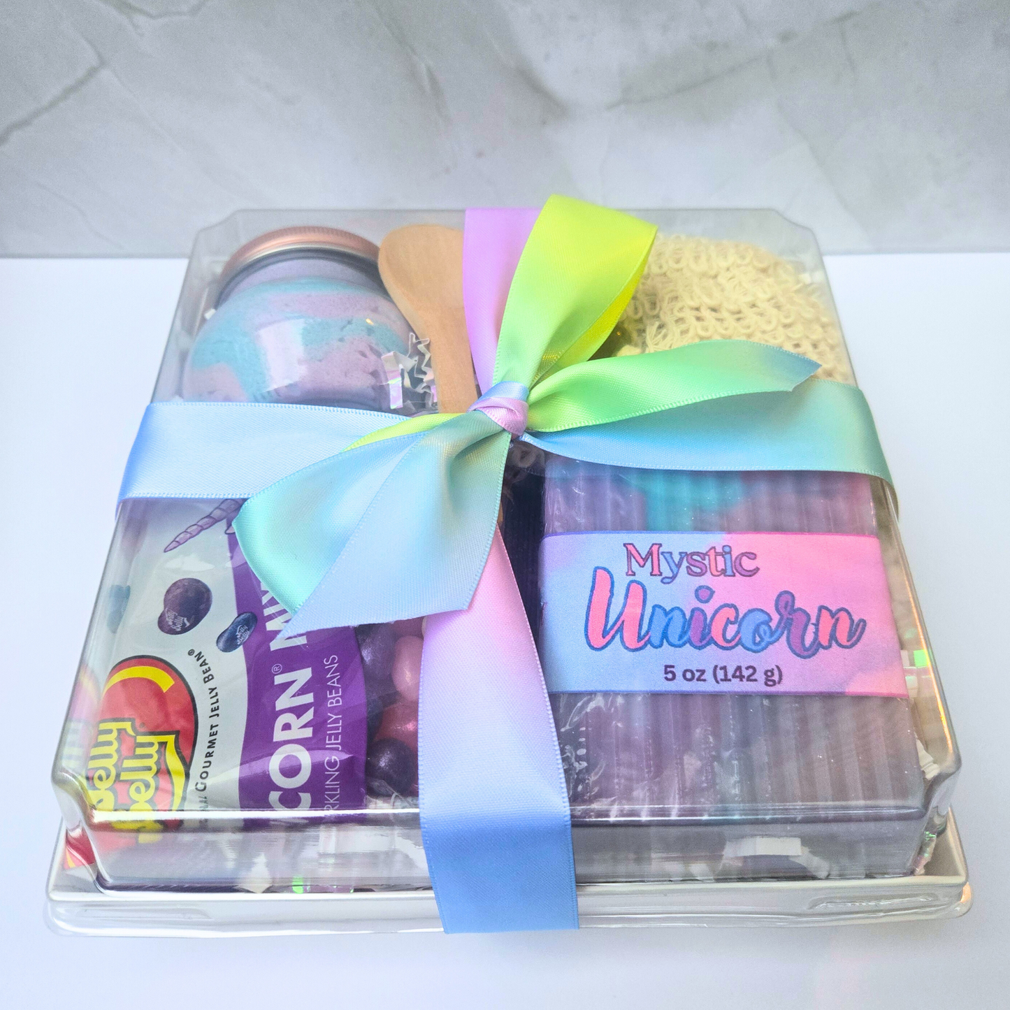 Unicorn Gift Box with handcrafted soap, whipped scrub, candy, and accessories—perfect magical self-care gift for birthdays or special occasions