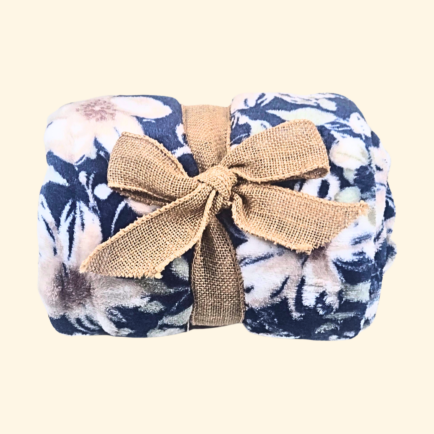 Cozy Gift Box with Flowered Fleece Blanket (Wrapped in Burlap Bow), Mug, Fuzzy Socks & Vanilla Candle