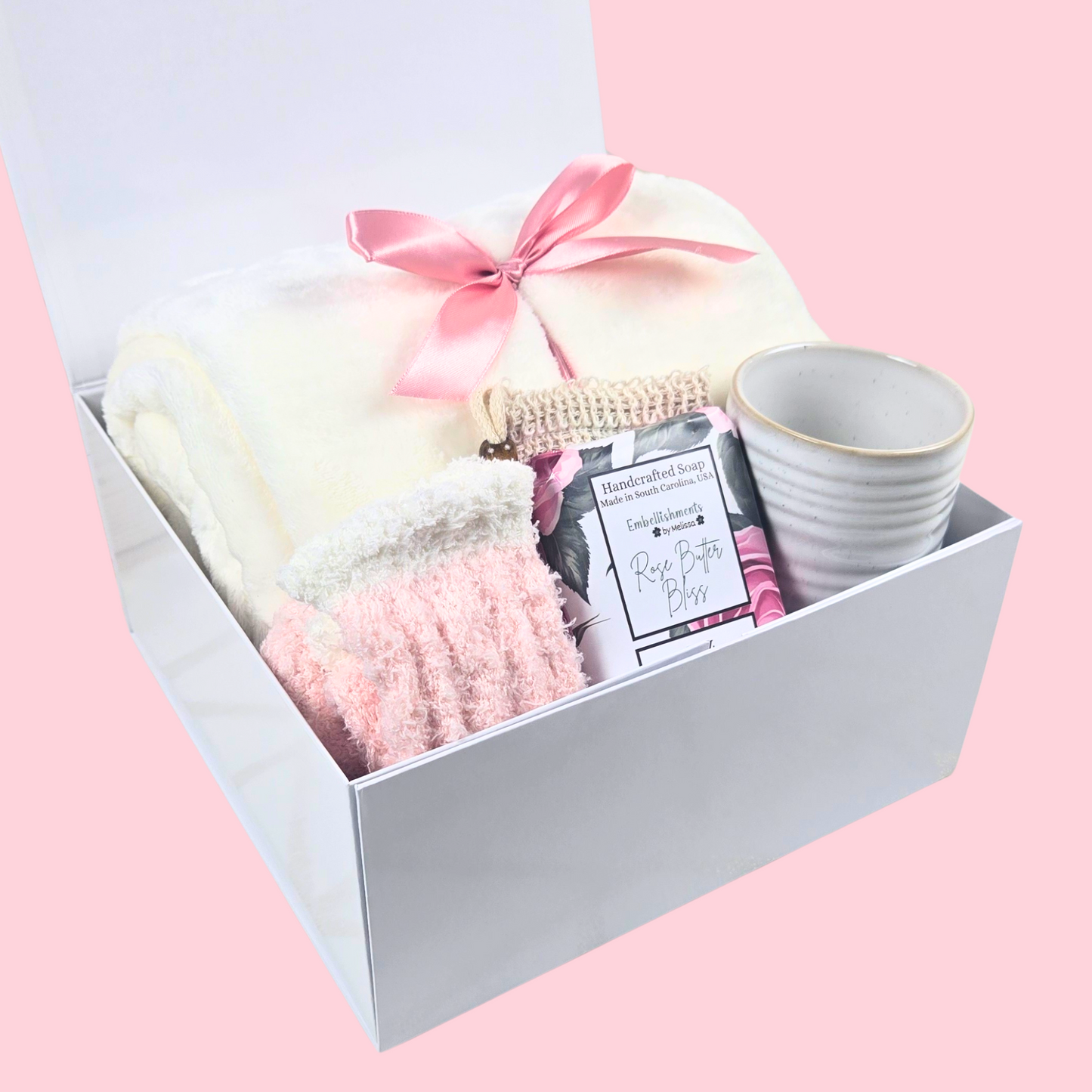 Rose-Themed Gift Box – White Blanket with Pink Ribbon, Pink Socks, Rose Soap & Cute Mug | Cozy Self-Care Set