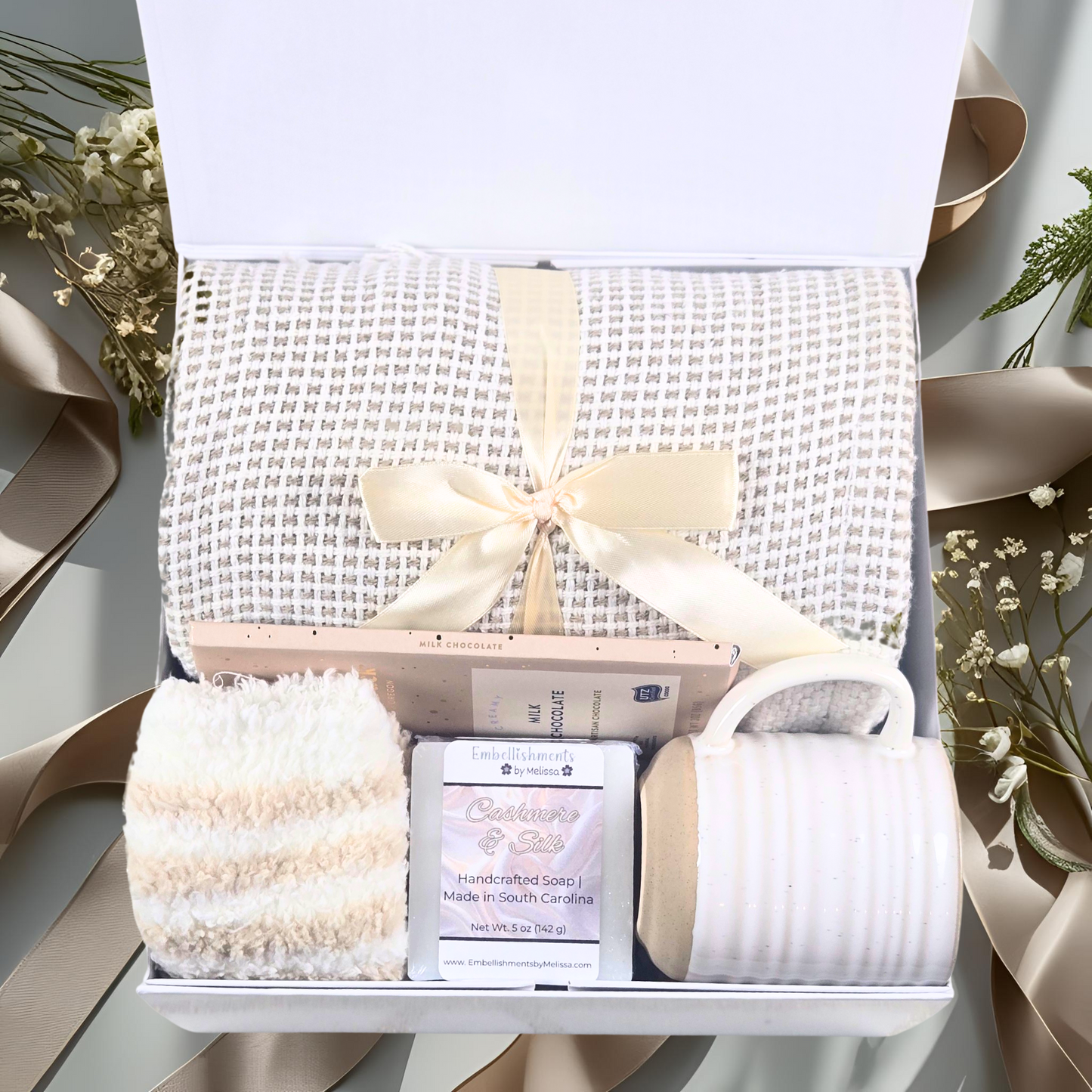 Luxury Neutral-Tone Gift Box with Throw Blanket, Fuzzy Socks, Cashmere & Silk Goat Milk Soap, and Mug