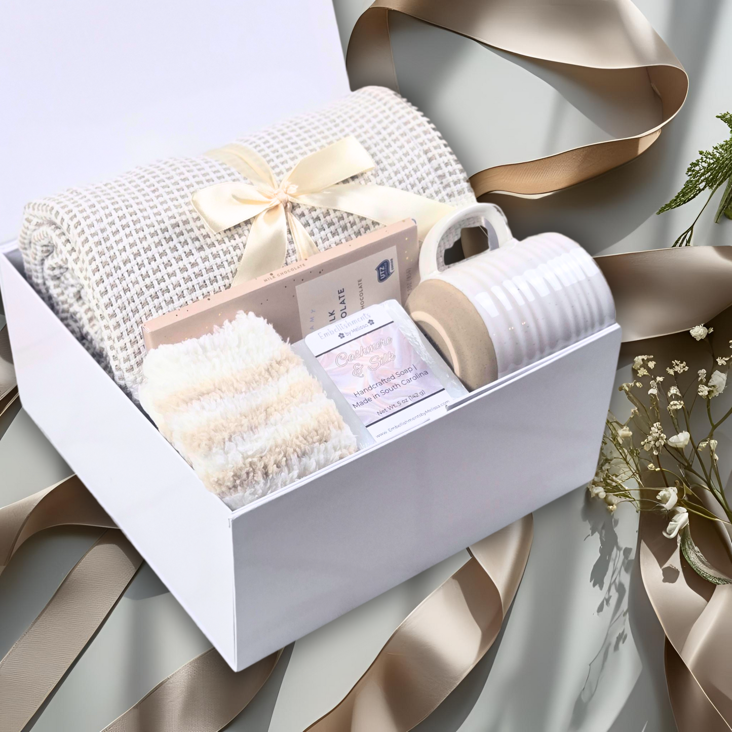 Luxury Neutral-Tone Gift Box with Throw Blanket, Fuzzy Socks, Cashmere & Silk Goat Milk Soap, and Mug