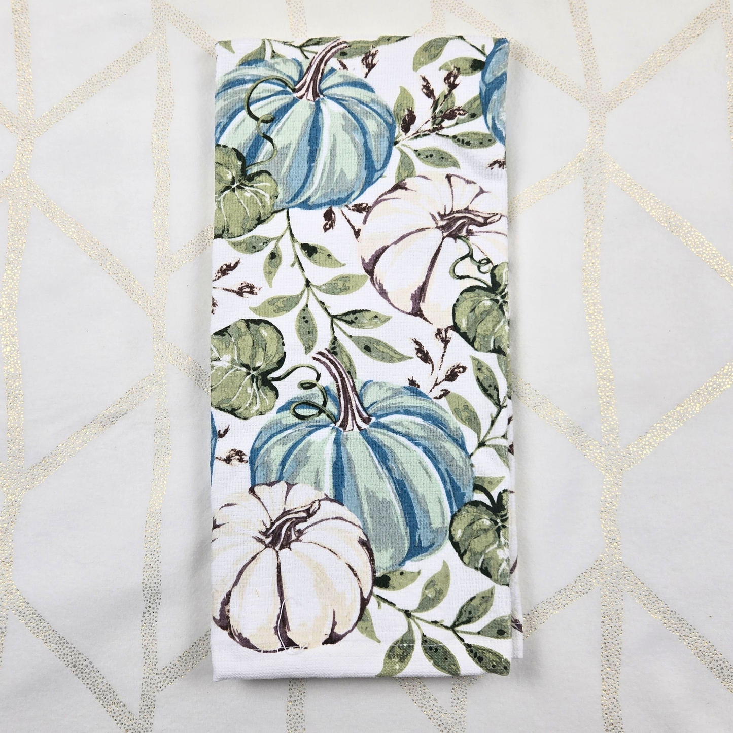 Blue and white pumpkin dish towel for fall gift box for her.