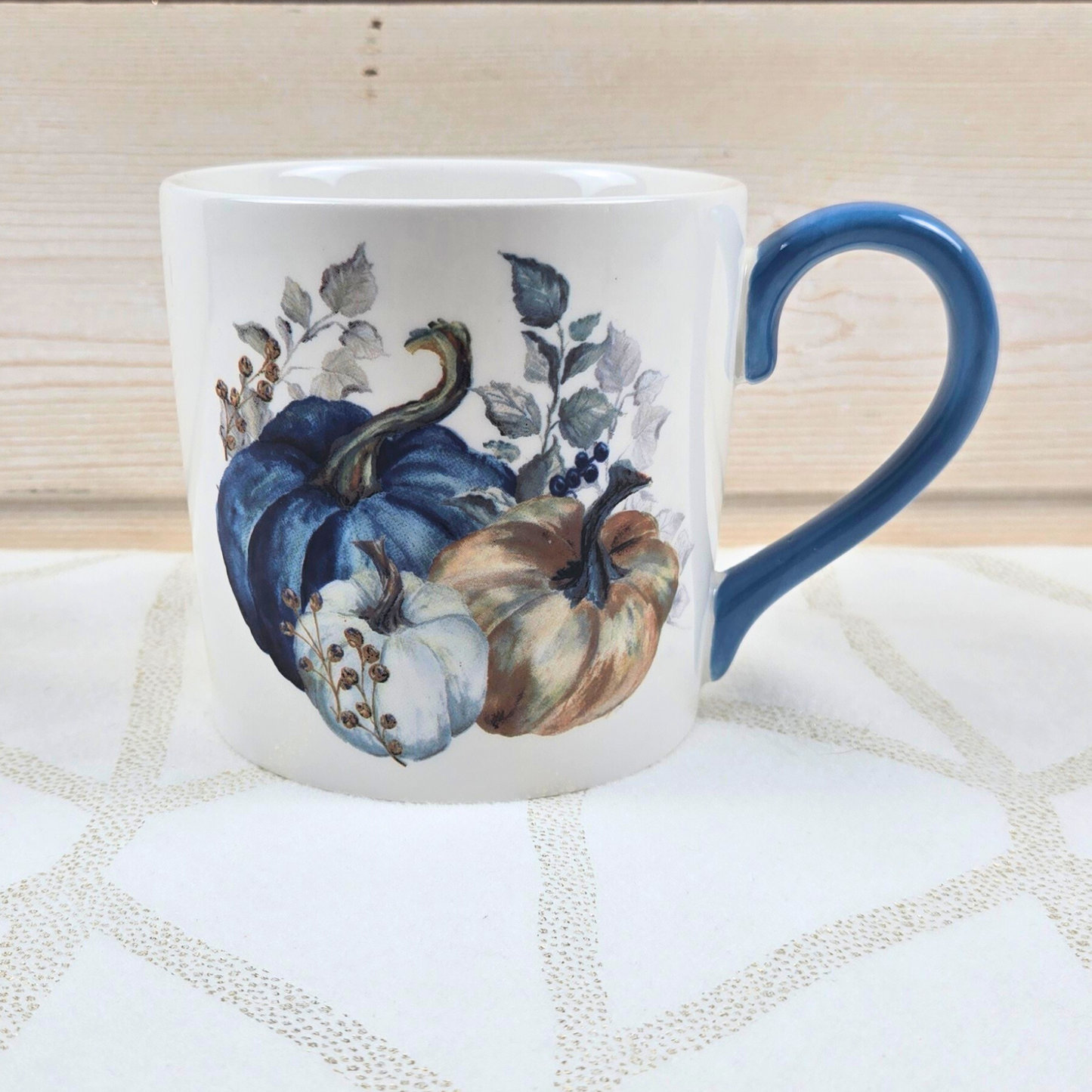 Blue pumpkin mug for fall gift box for her.