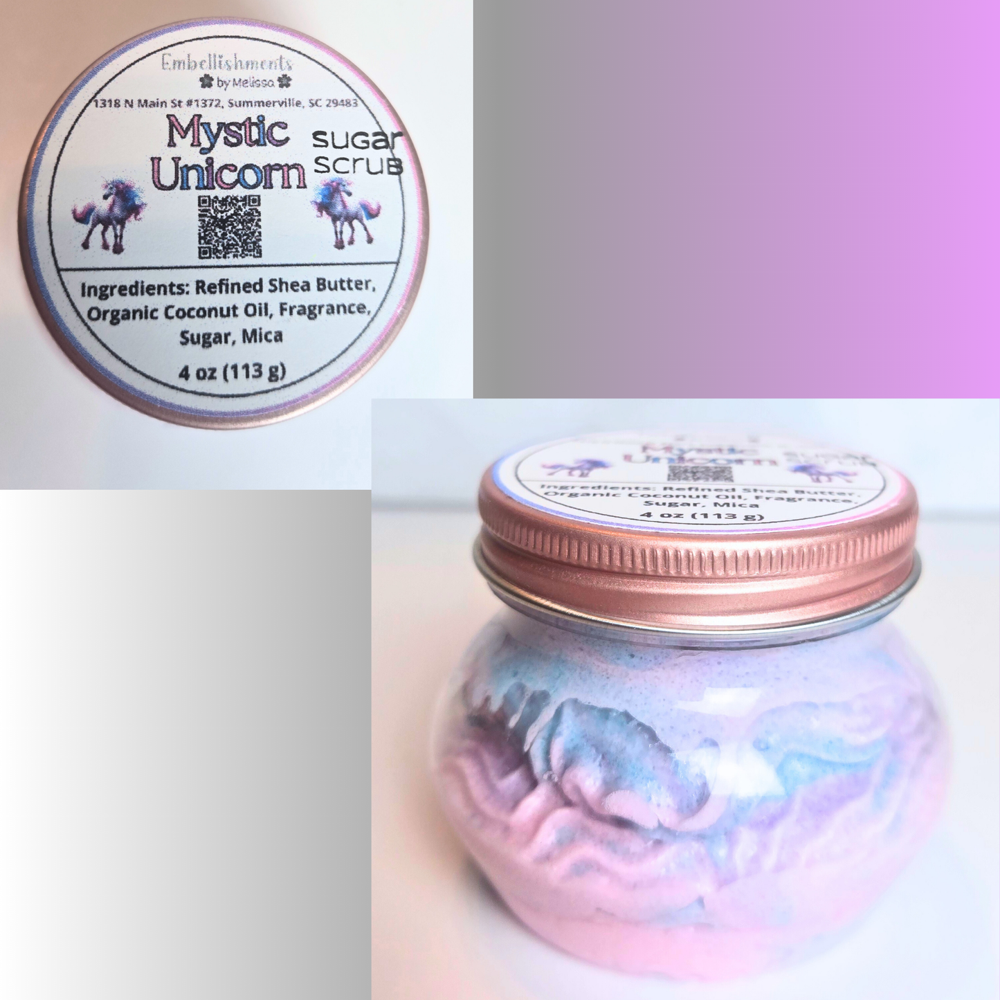 Whipped body scrub in unicorn hues with wooden spoon for easy, charming application—fun and functional self-care treat