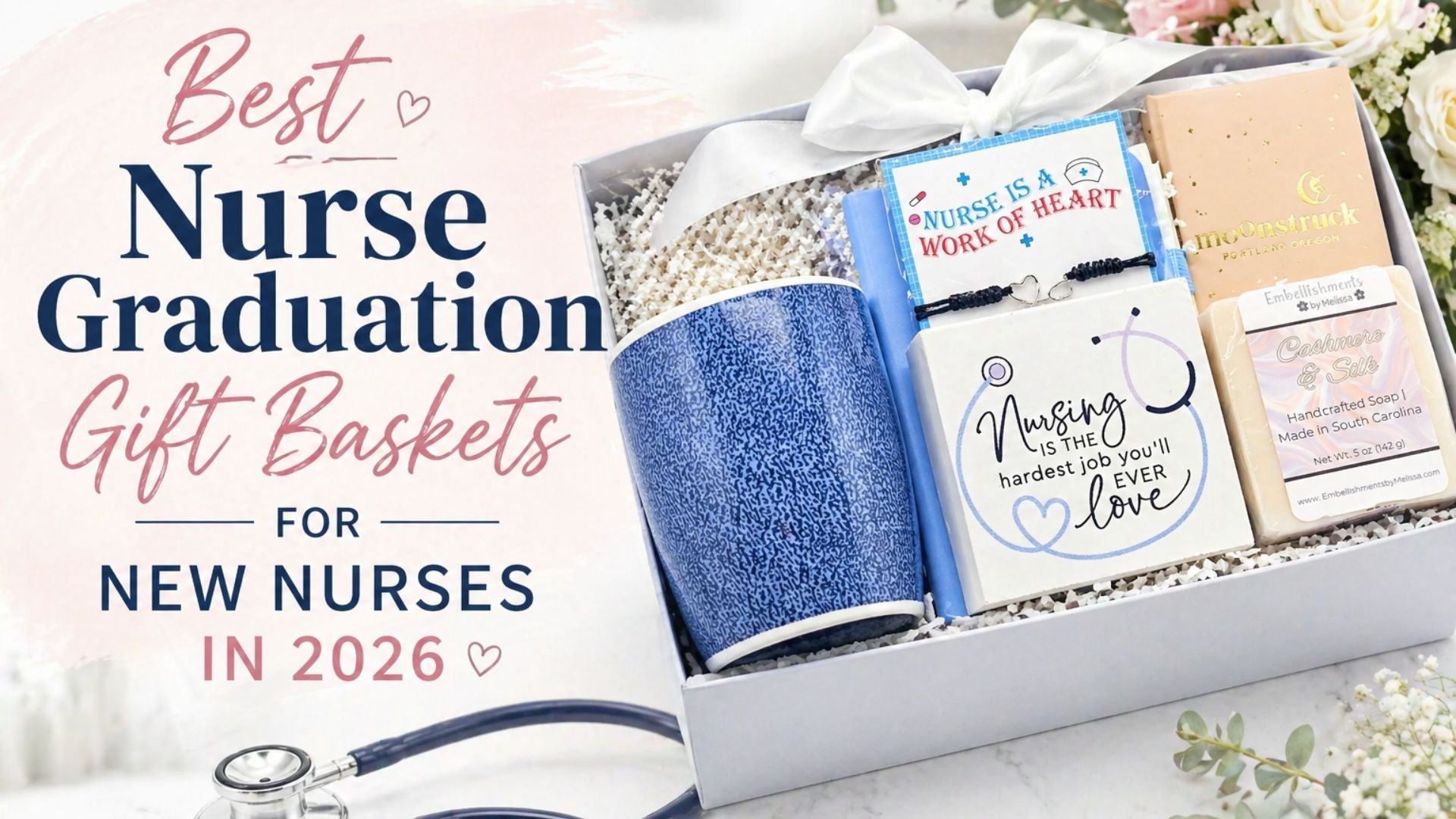 Best Nurse Graduation Gift Basket for new nurses in 2026 featuring a curated box with mug, soap, bracelet, notebook, and nursing-themed keepsakes arranged in a stylish gift set
