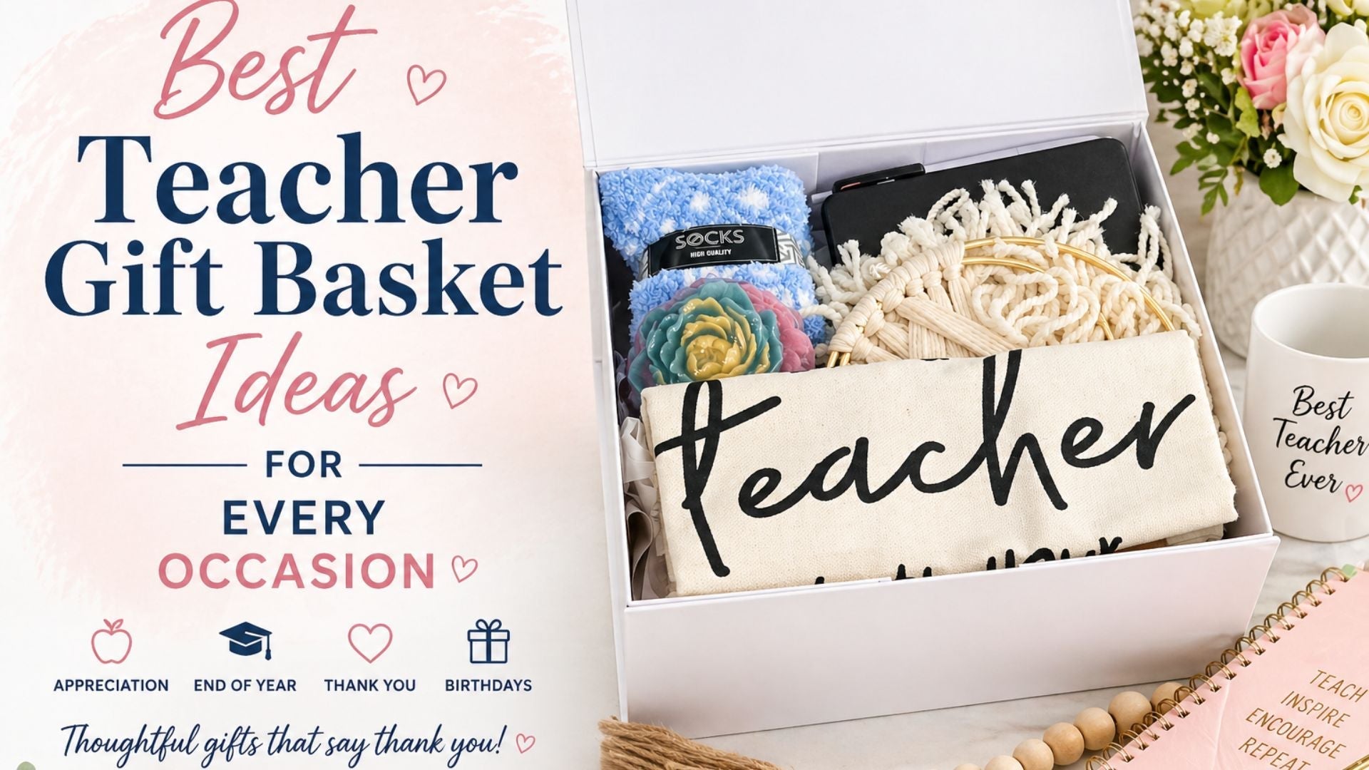 Best Teacher Gift Basket Ideas for Every Occasion featuring a curated gift box with cozy socks, notebook, decorative items, and thoughtful teacher appreciation gifts arranged in a stylish presentation