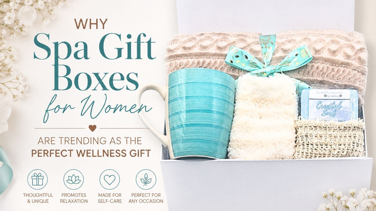 Cozy spa gift box for women featuring a soft blanket, blue ceramic mug, fluffy socks, and handmade soap arranged in a relaxing wellness gift set.