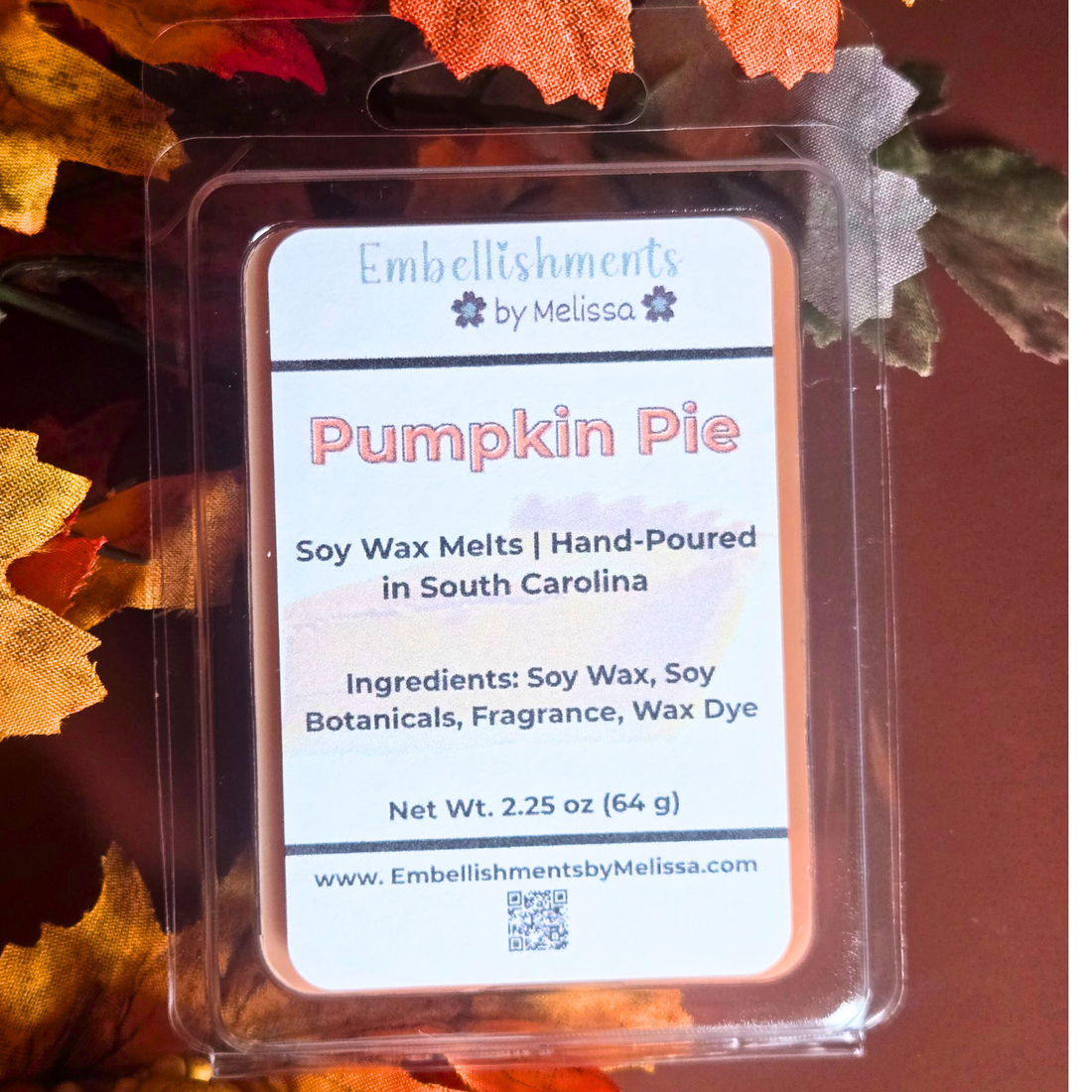Fall-scented pumpkin pie wax melts made. from soy wax.
