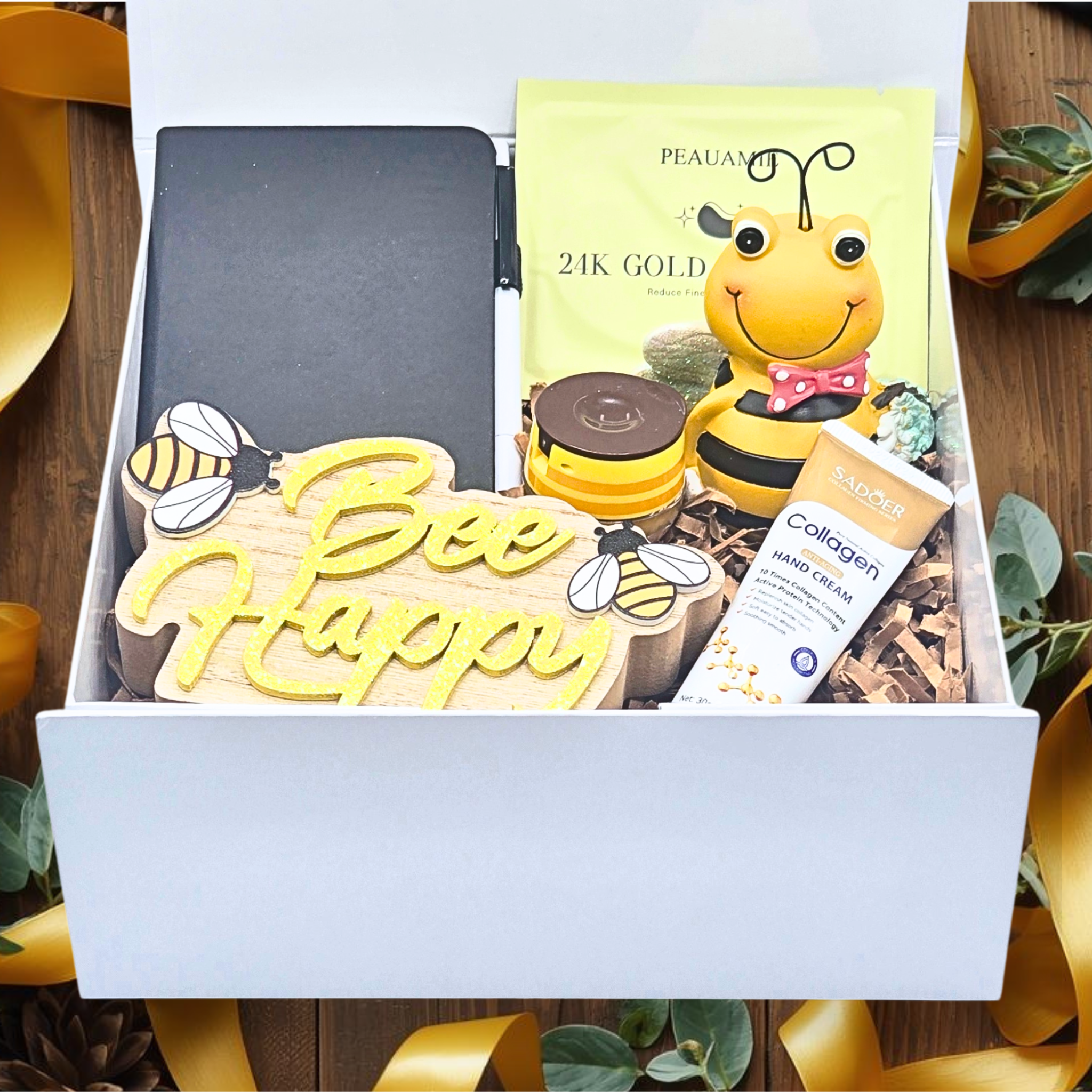 Bee Happy Gift Set for Women – Bee Decor, Honey Lip Balm, Hand Cream & 24K Gold Eye Mask