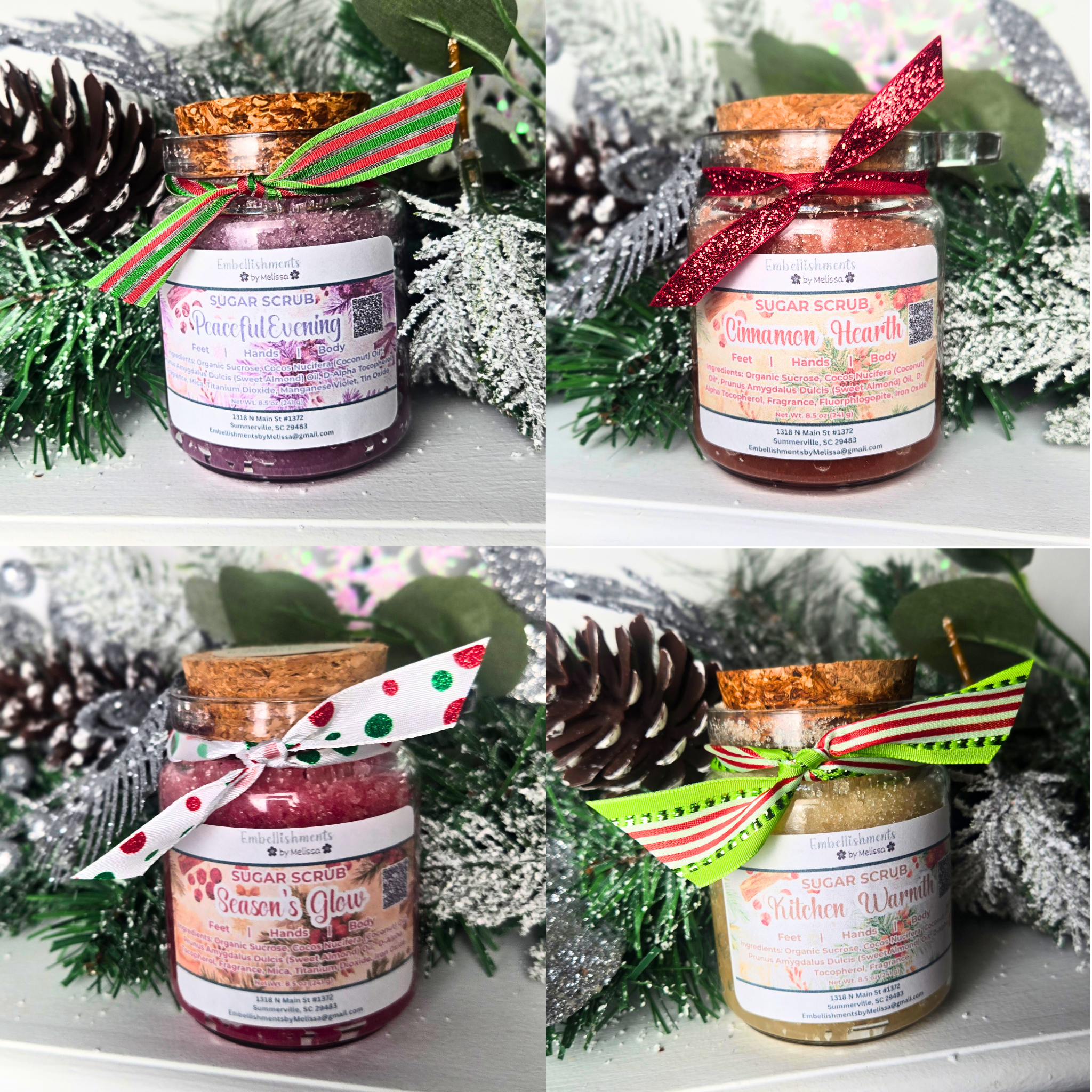 Exfoliating Sugar Scrubs | Home for Christmas Collection – Cozy Scents of Peaceful Evening, Cinnamon Hearth, Season’s Glow & Kitchen Warmth 8 oz (227 g)