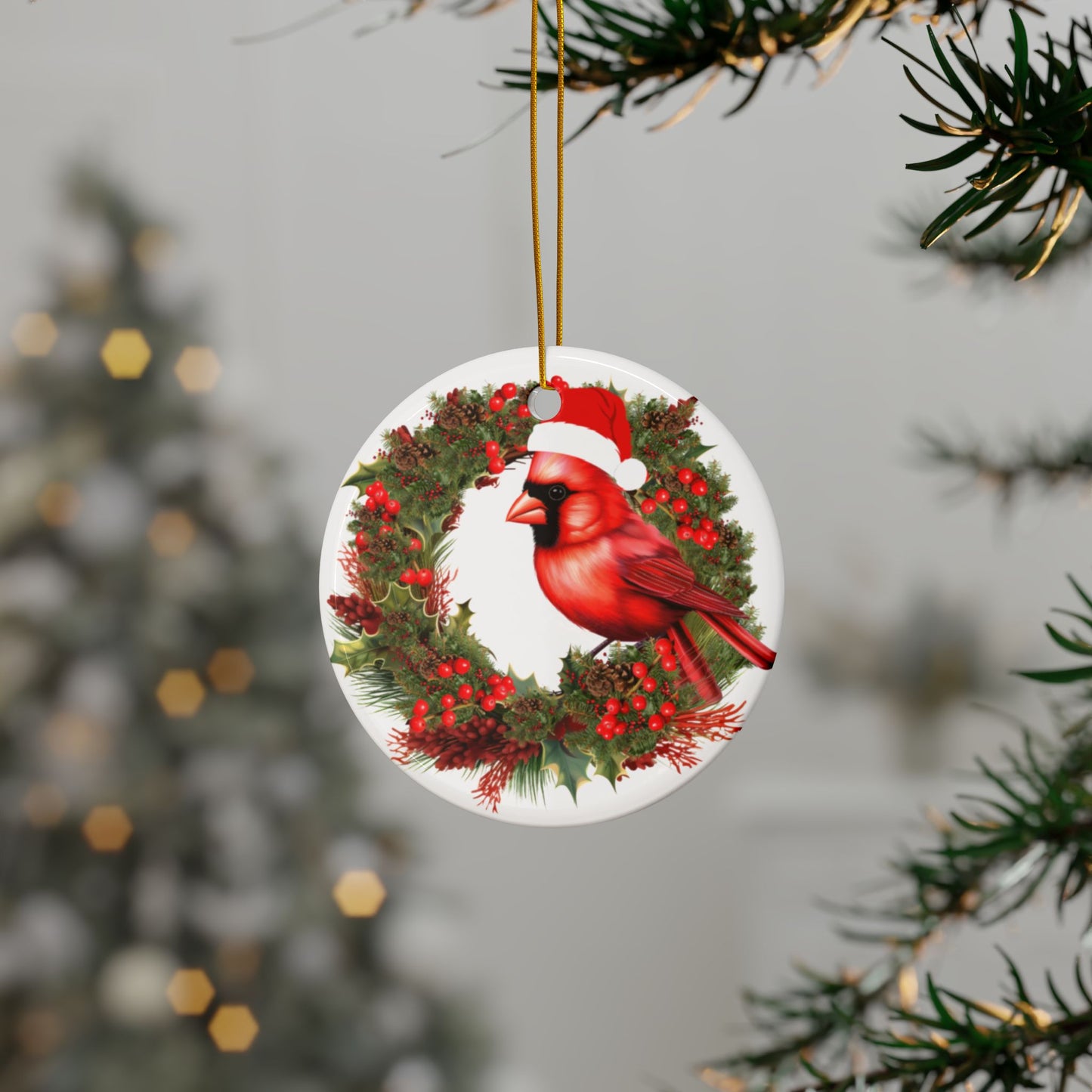 Colorful cardinal ornament designed for winter festivities.