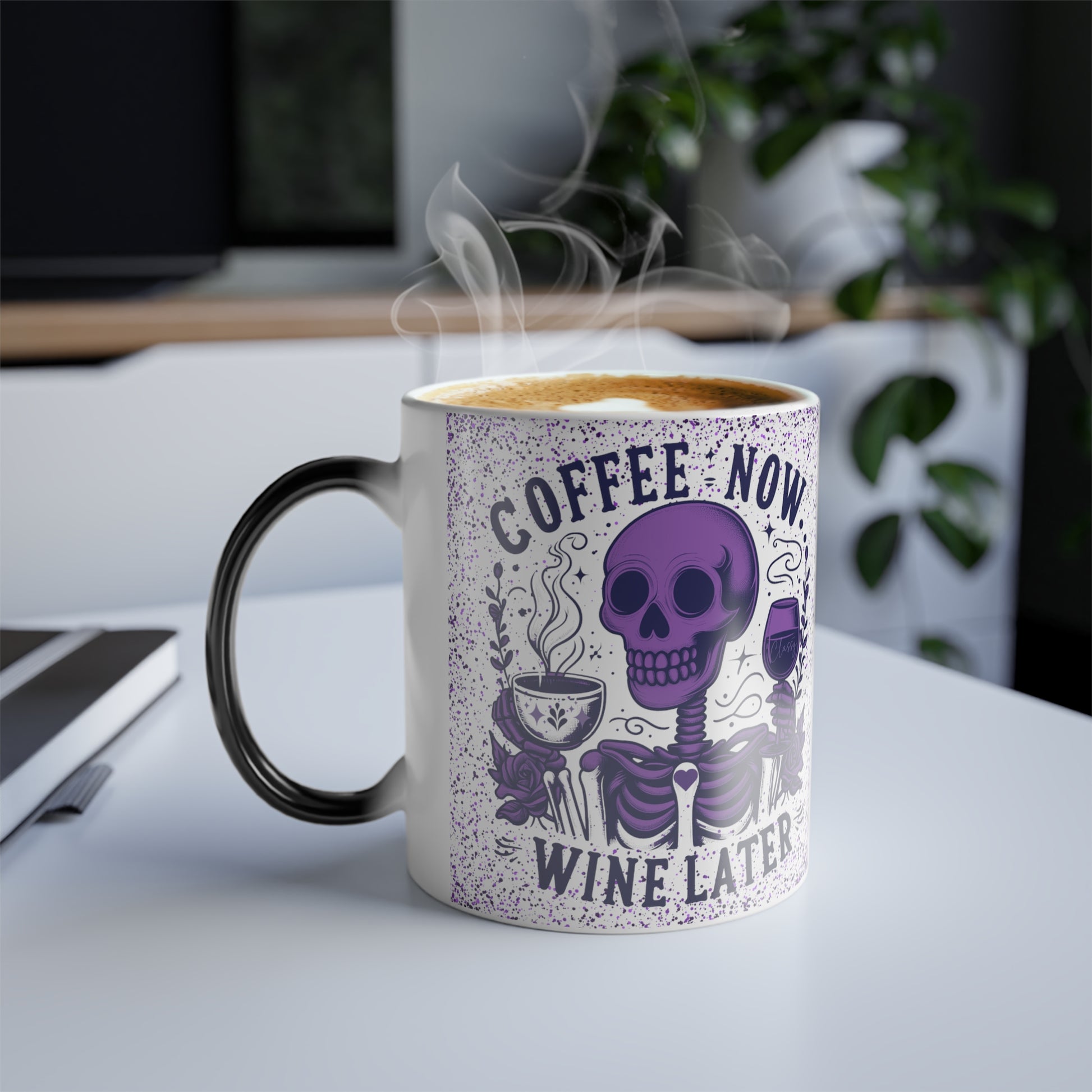 Color morphing mug with purple skeleton for gift, front view.