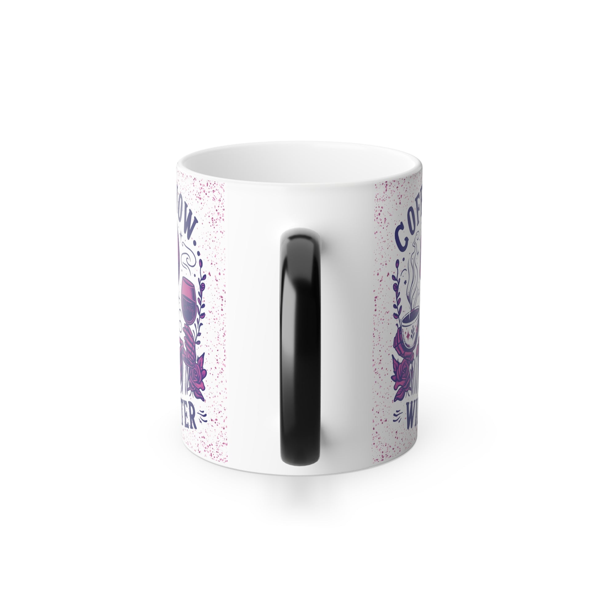 Color morphing mug with pink skeleton, side view.