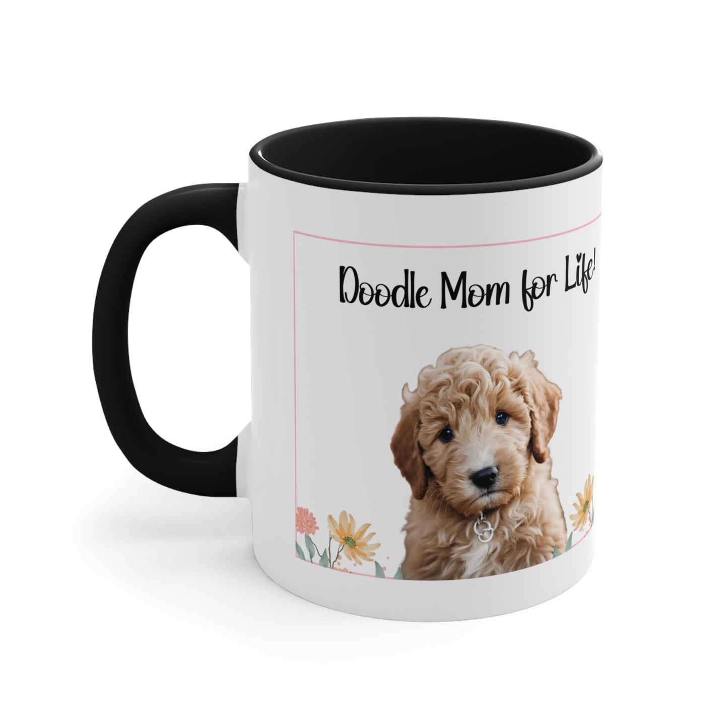 Golden doodle coffee mug, 11 oz hor gift or self, front view in black.