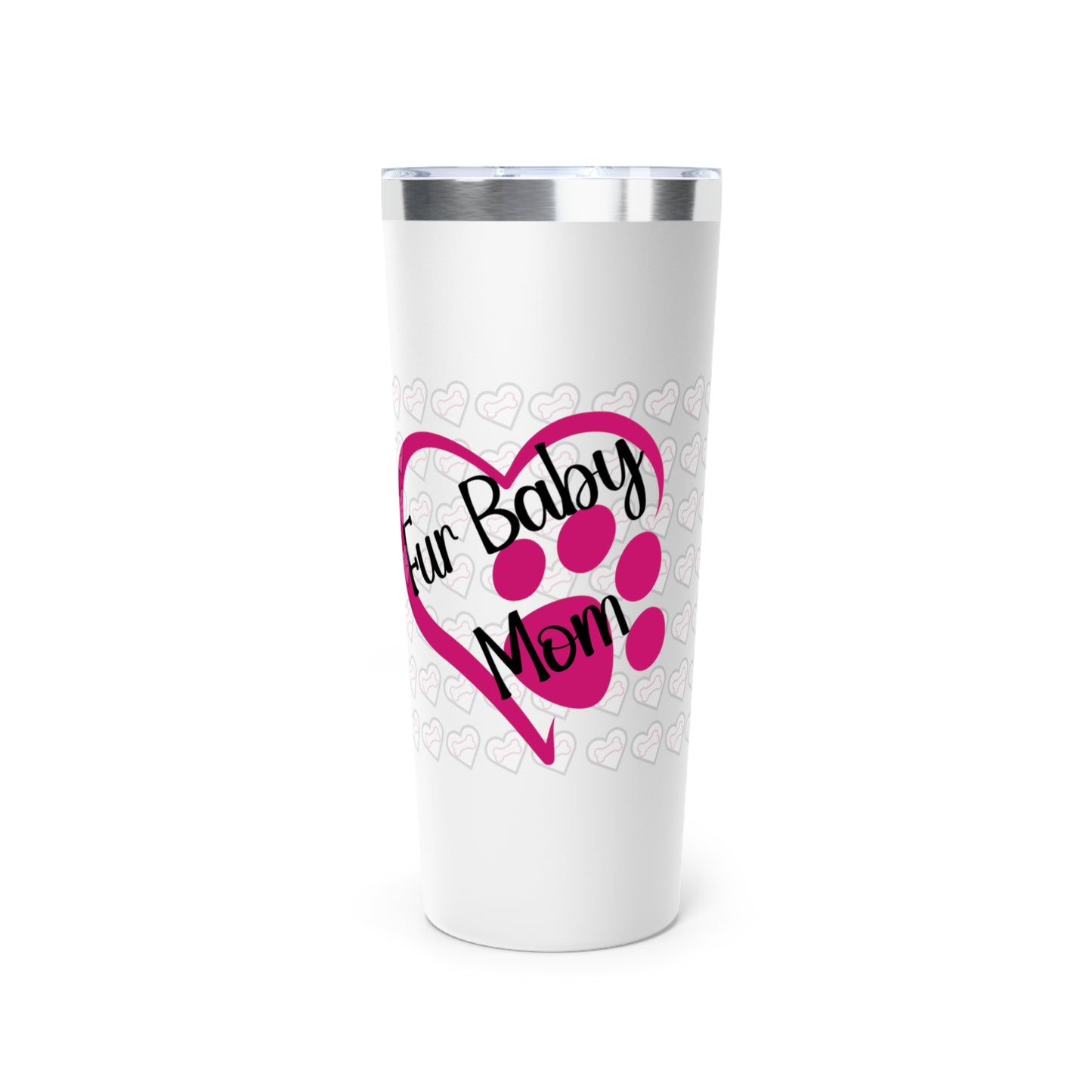 Fur Baby Mom 22oz Copper Vacuum Insulated Tumbler with Pink Heart, back view.