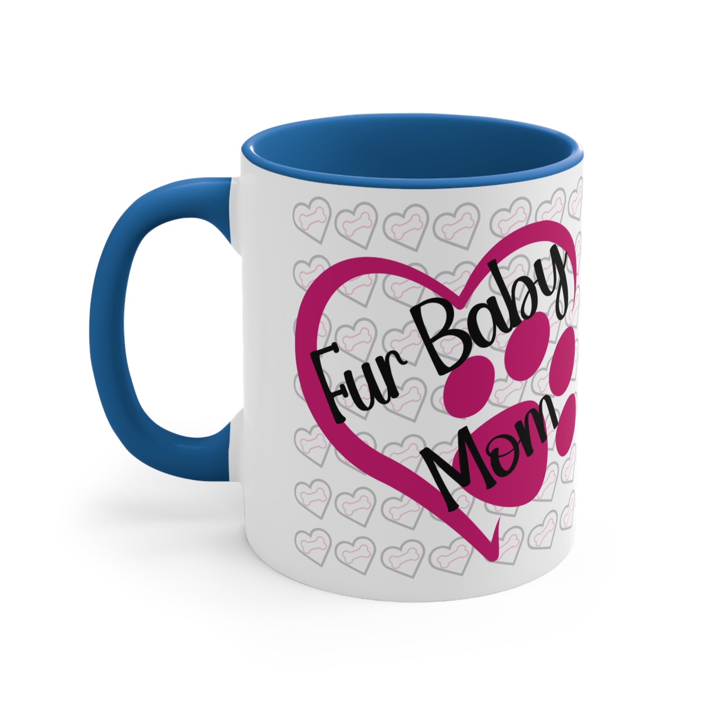 Fur baby mom coffee mug with pink heart and paw print 11 oz, back view in blue.