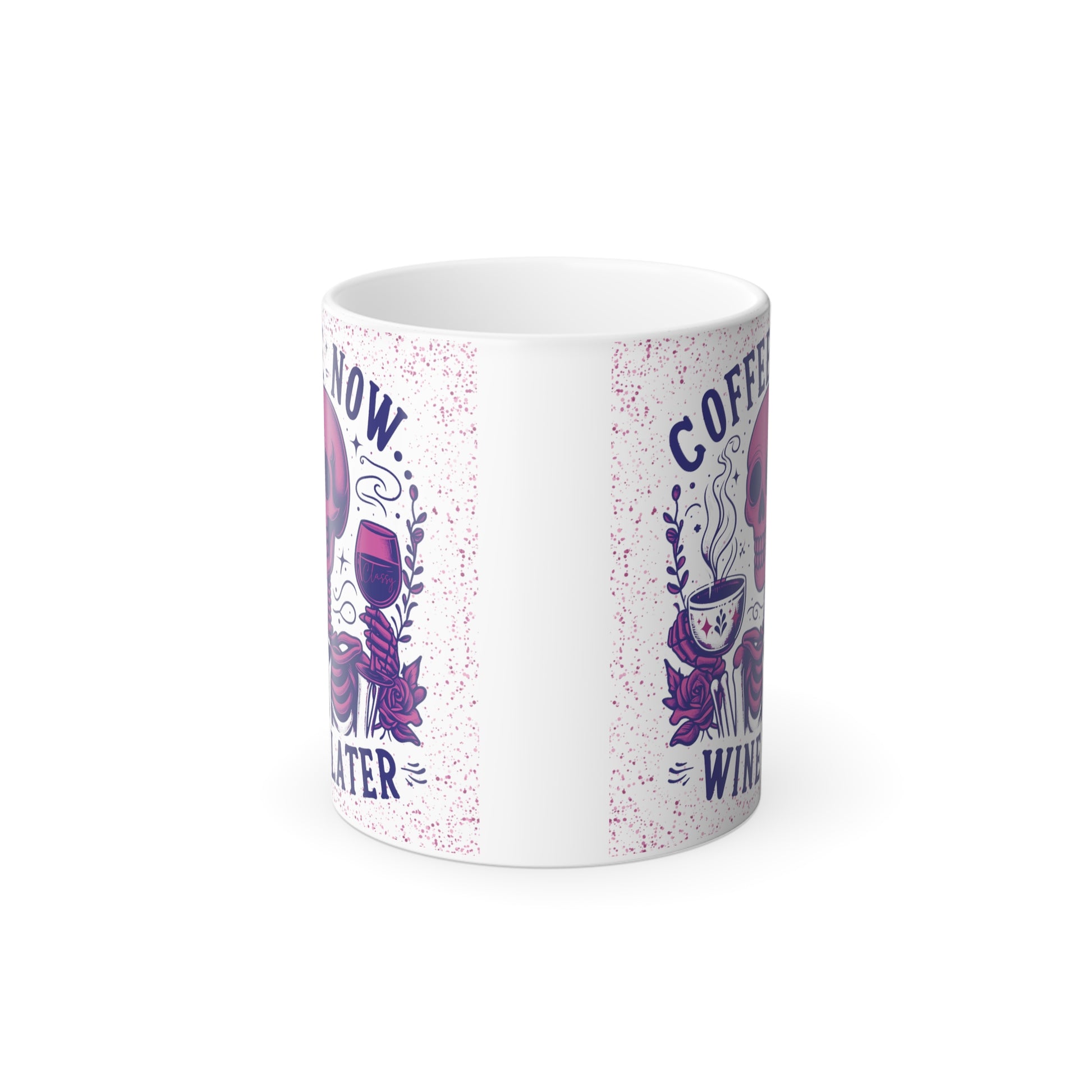 Color morphing mug with pink skeleton, side view.