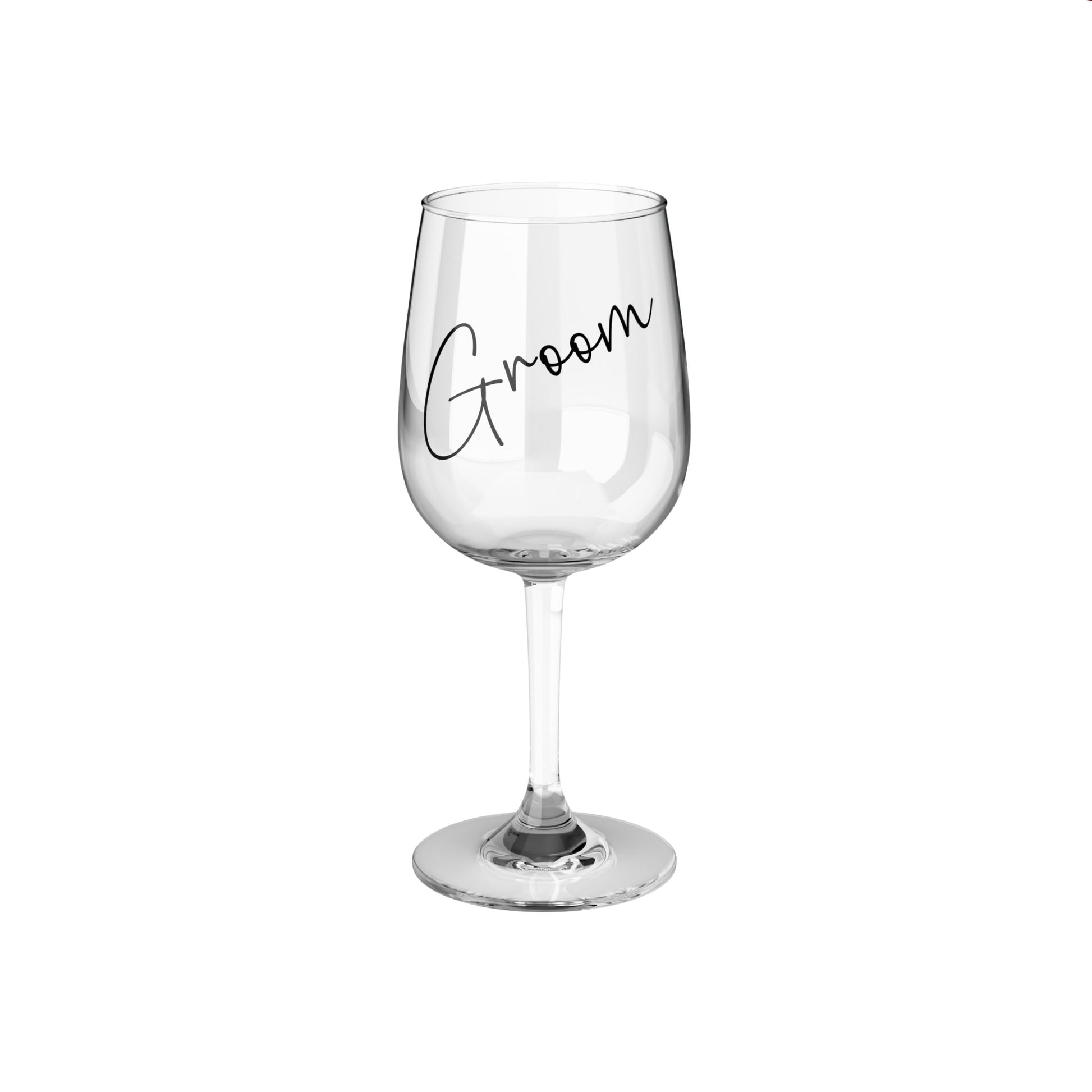 Wedding wine glass for groom, front view.