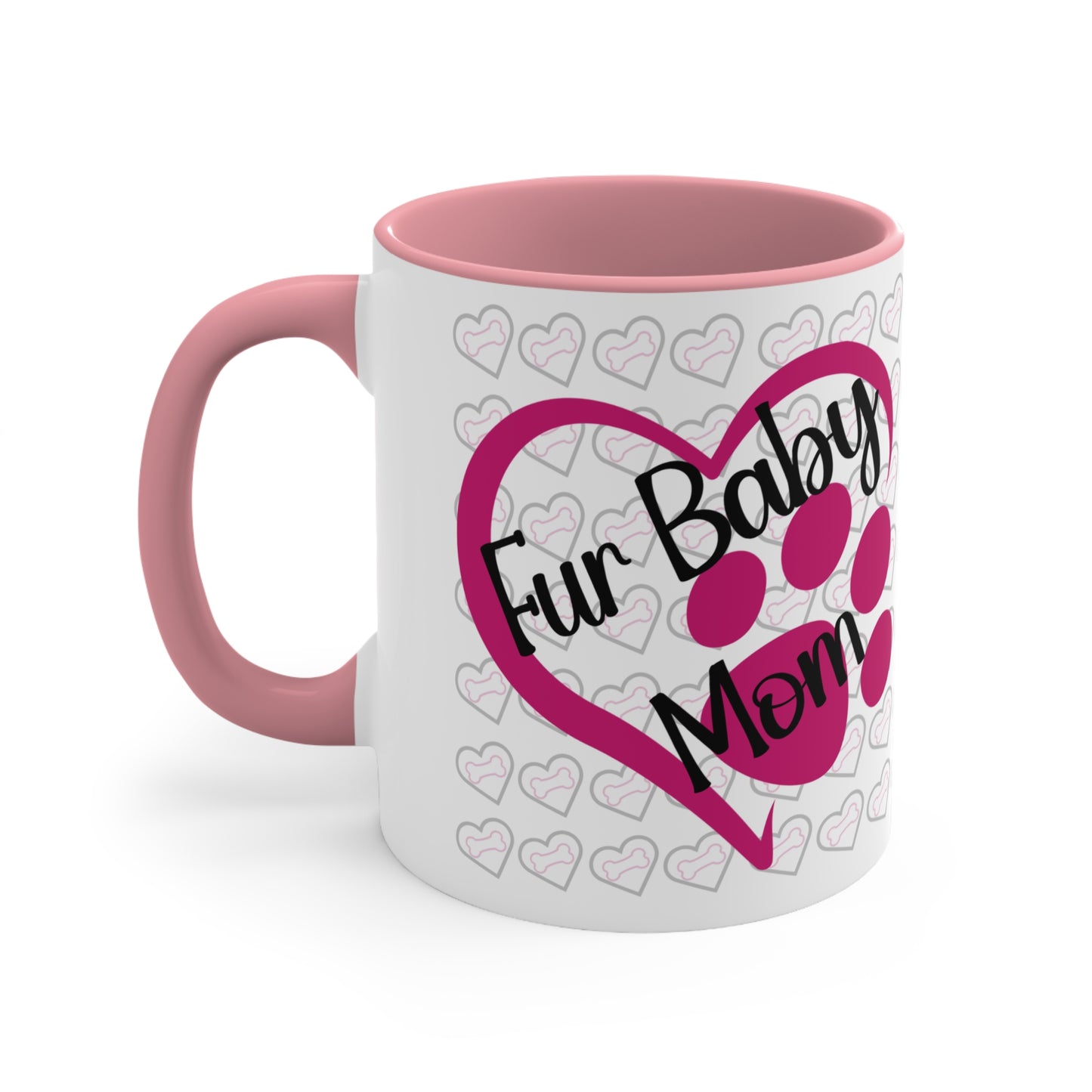 Fur baby mom coffee mug with pink heart and paw print 11 oz, back view in pink.