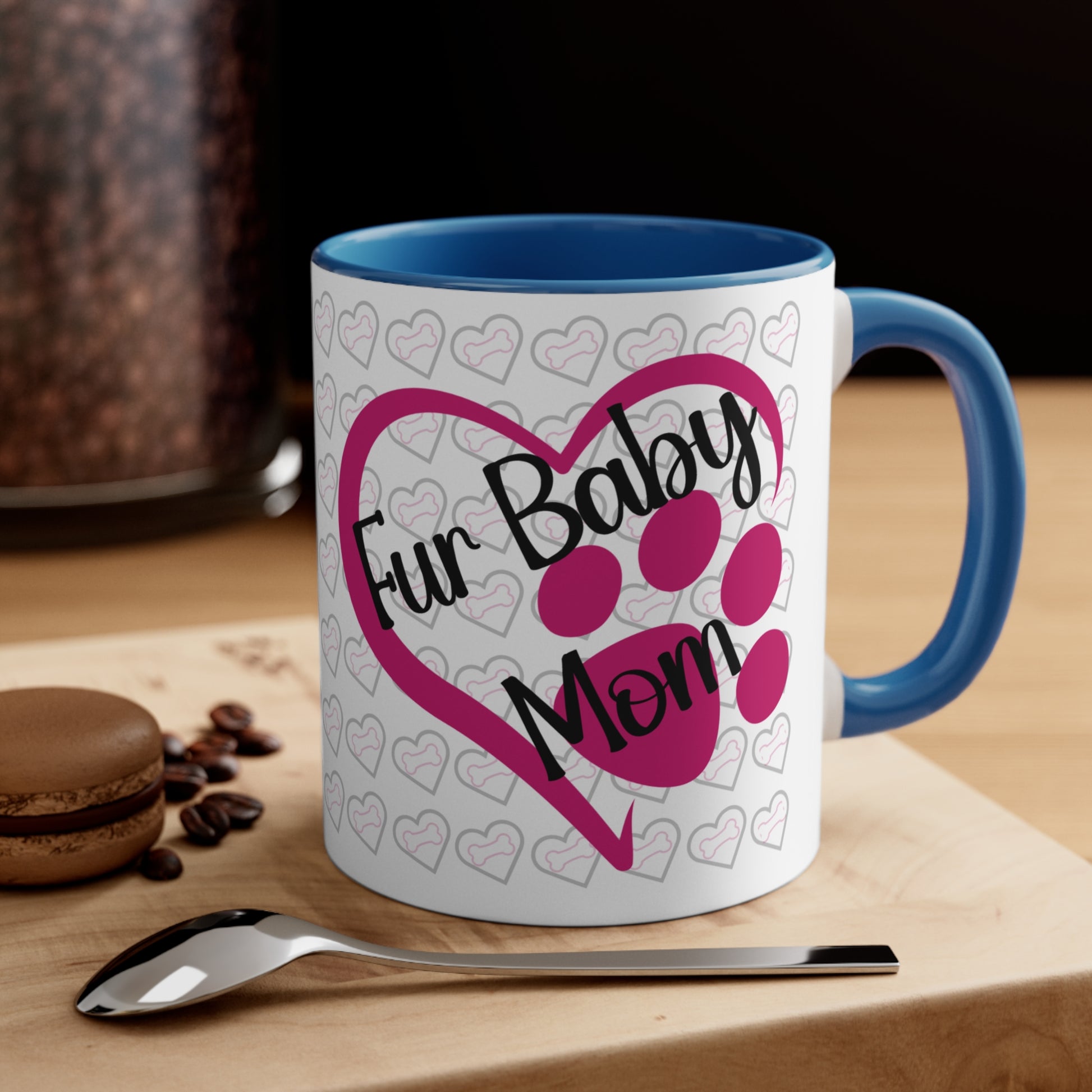 Fur baby mom coffee mug with pink heart and paw print 11 oz, front view in blue.