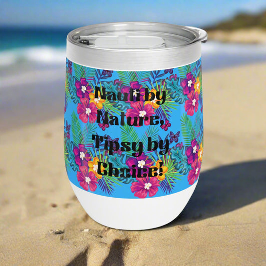 Tropical vacation wine tumbler, front view.