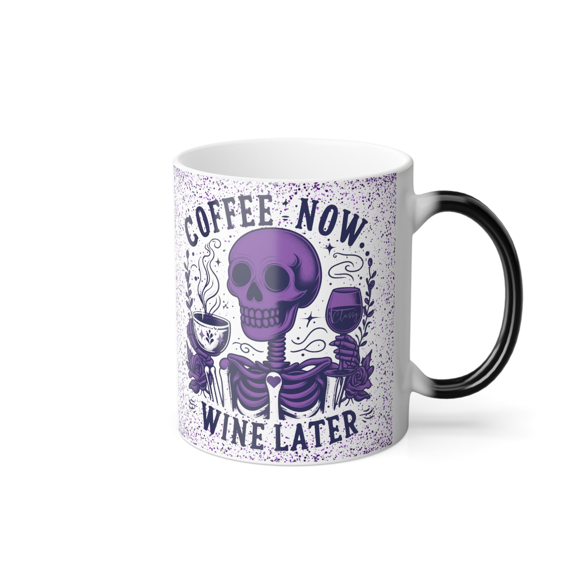 Color morphing mug with purple skeleton for gift, back view.