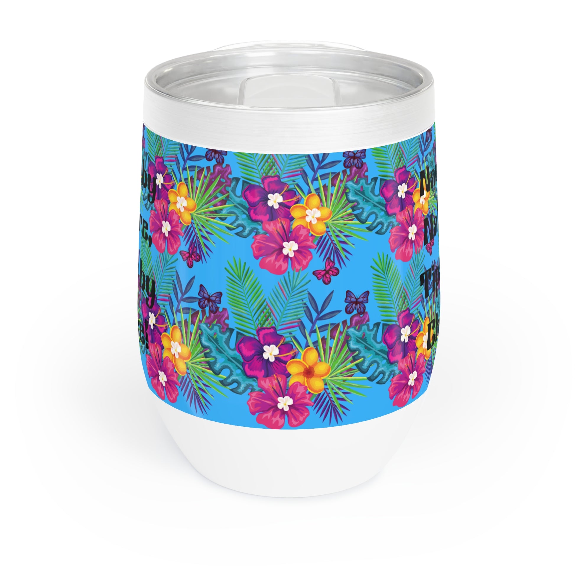 Tropical vacation wine tumbler, side view.