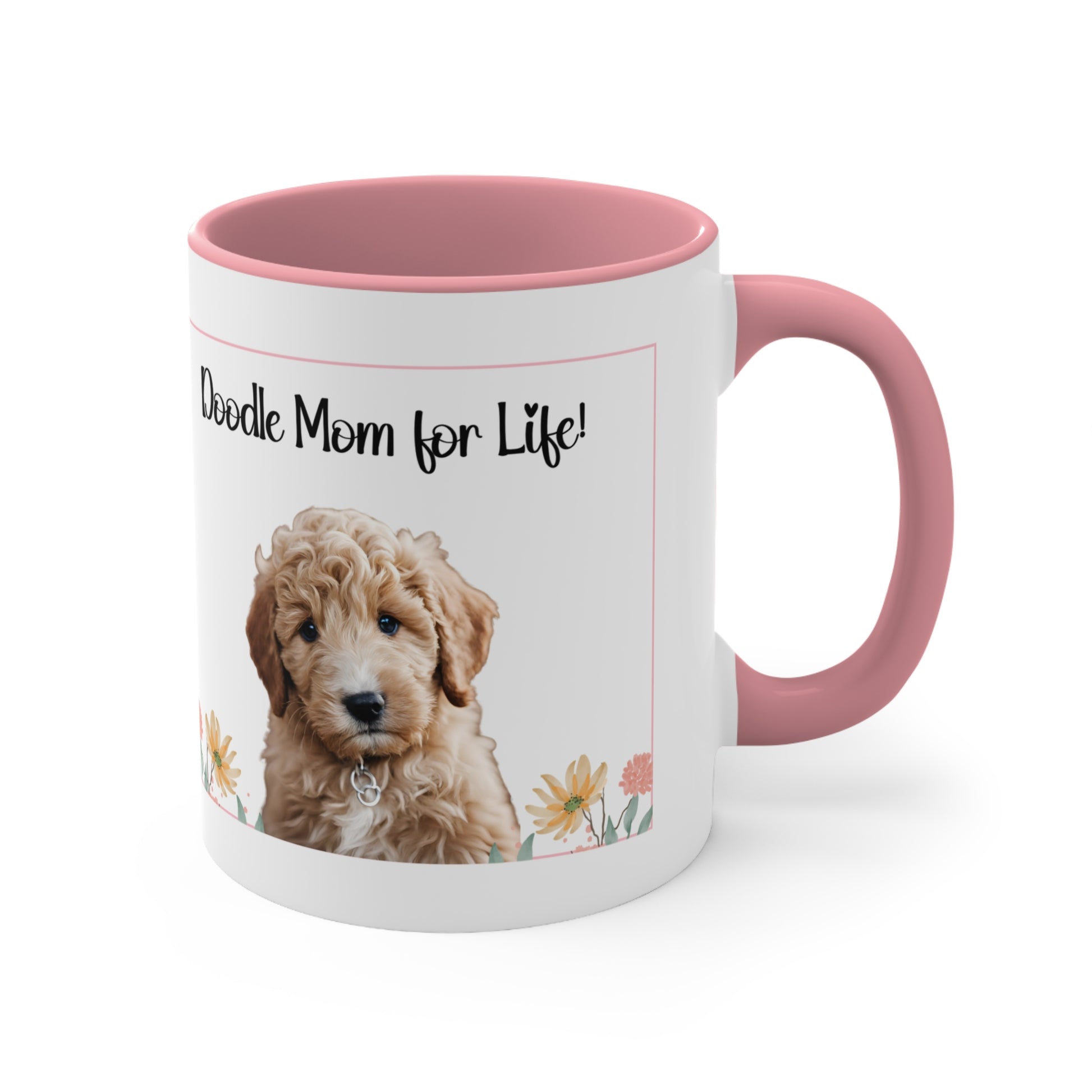 Golden doodle coffee mug, 11 oz hor gift or self, front view in pink.