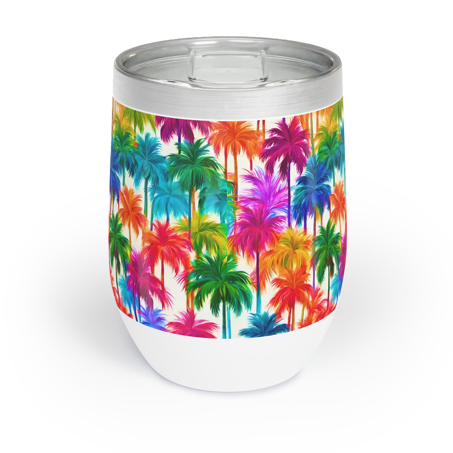 Tropical palm tree wine tumbler, back view.