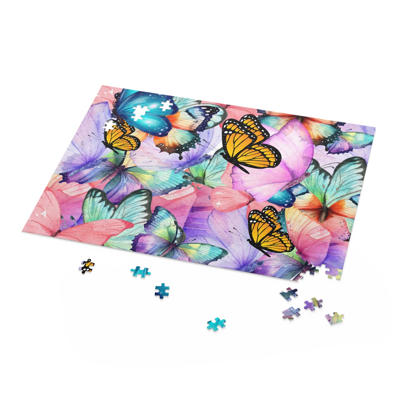 500-piece butterfly jigsaw puzzle for family game night or as a gift, nearly complete puzzle view.