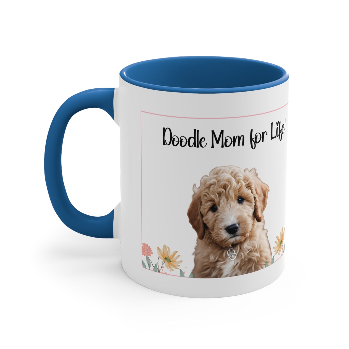 Golden doodle coffee mug, 11 oz hor gift or self, front view in blue.