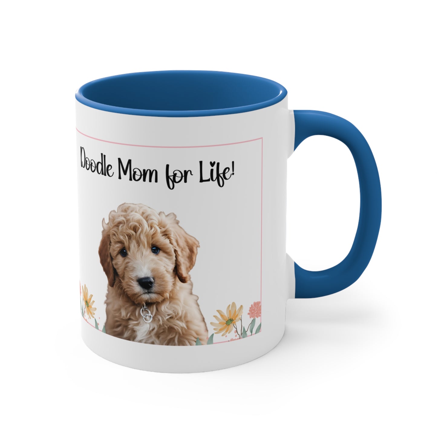 Golden doodle coffee mug, 11 oz hor gift or self, front view in blue.