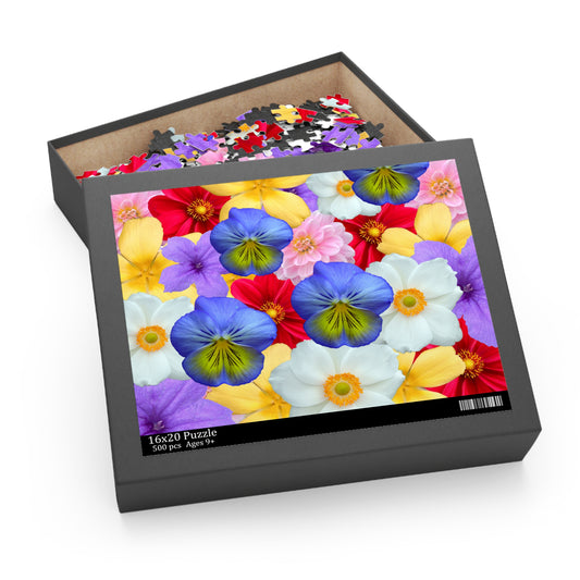 Multicolored flower jigsaw puzzle for family fun 500-piece, front view.