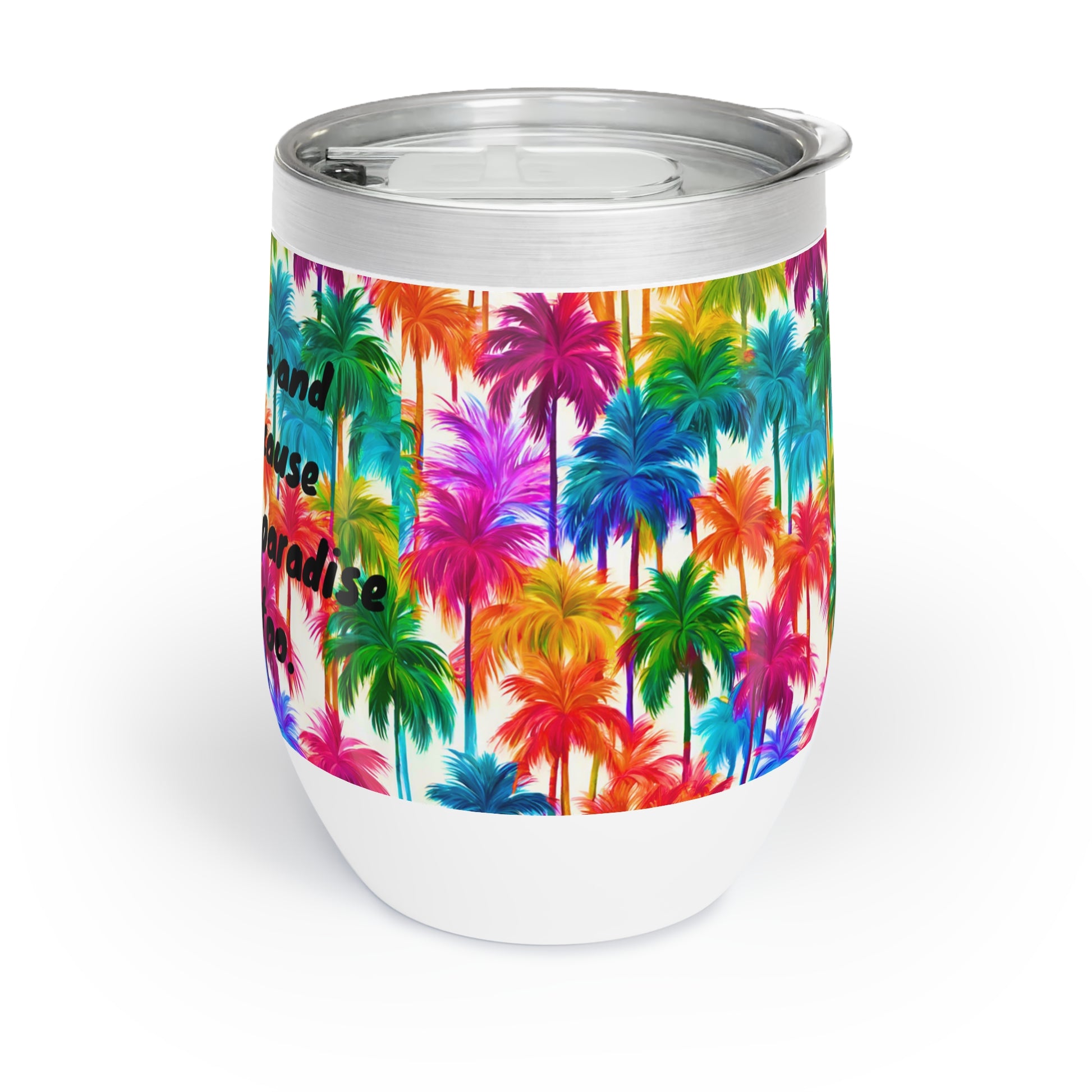 Tropical palm tree wine tumbler, side view.