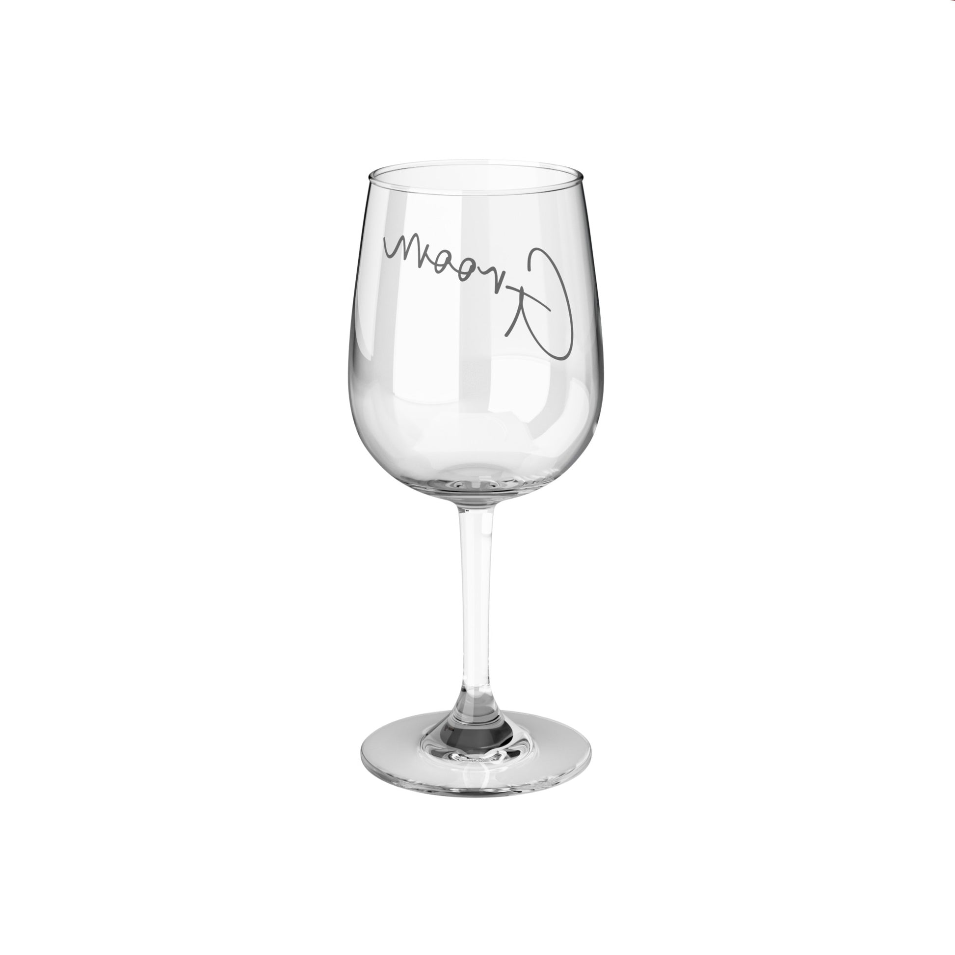 Wedding wine glass for groom, back view.