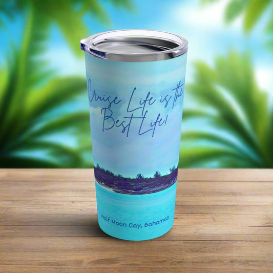 Tropical cruise tumbler for vacation, front view.