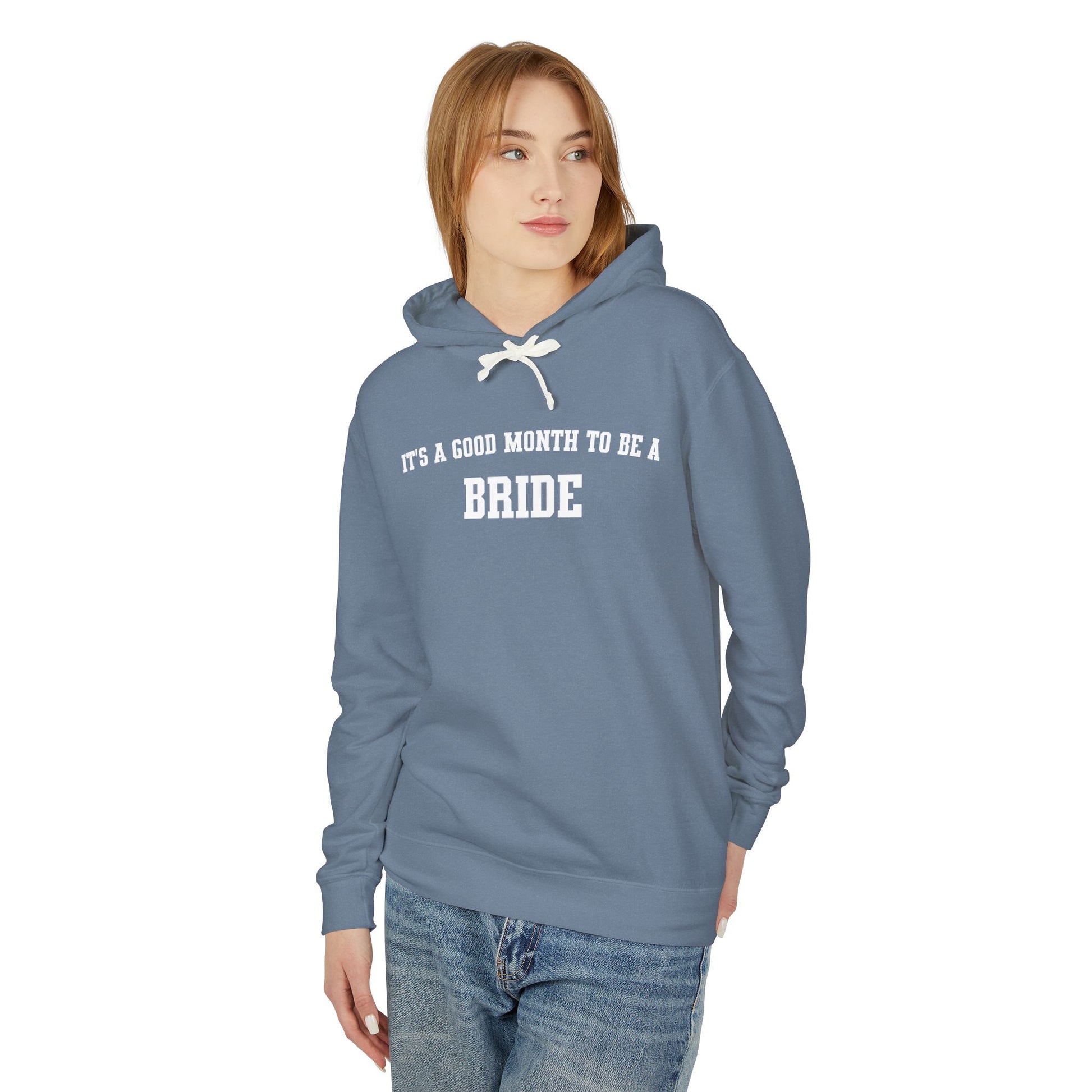 Personalized "It's A Good Month to Be a Bride" Sweatshirt - Celebrate Your Love! Lightweight Hooded Sweatshirt - Embellishments by Melissa