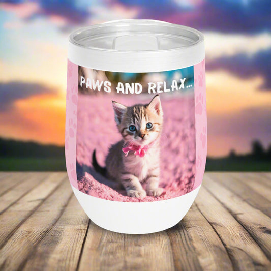 Cute kitten wine tumbler for vacation, front view.