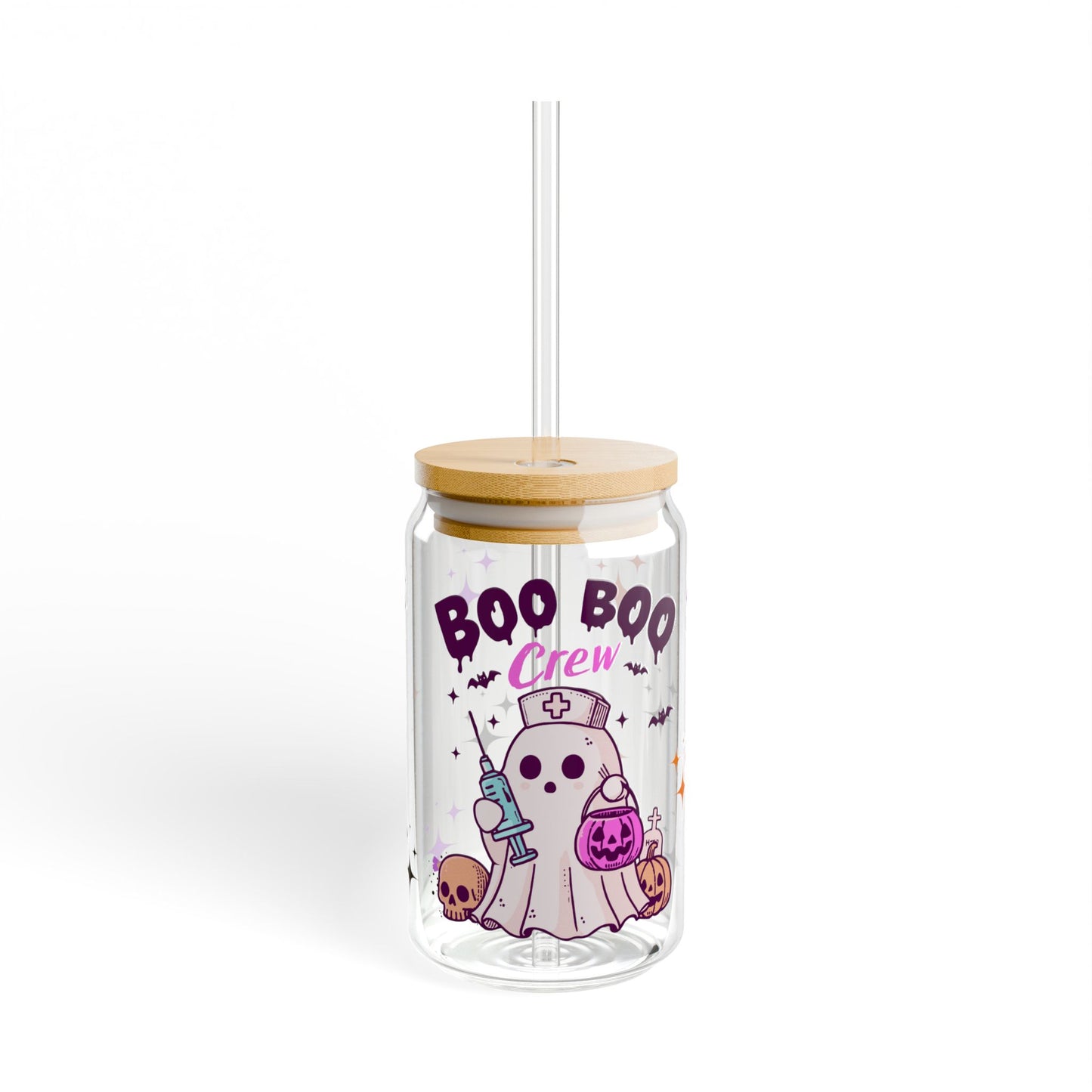 Boo Boo Crew ghost nurse sipper glass, front view.