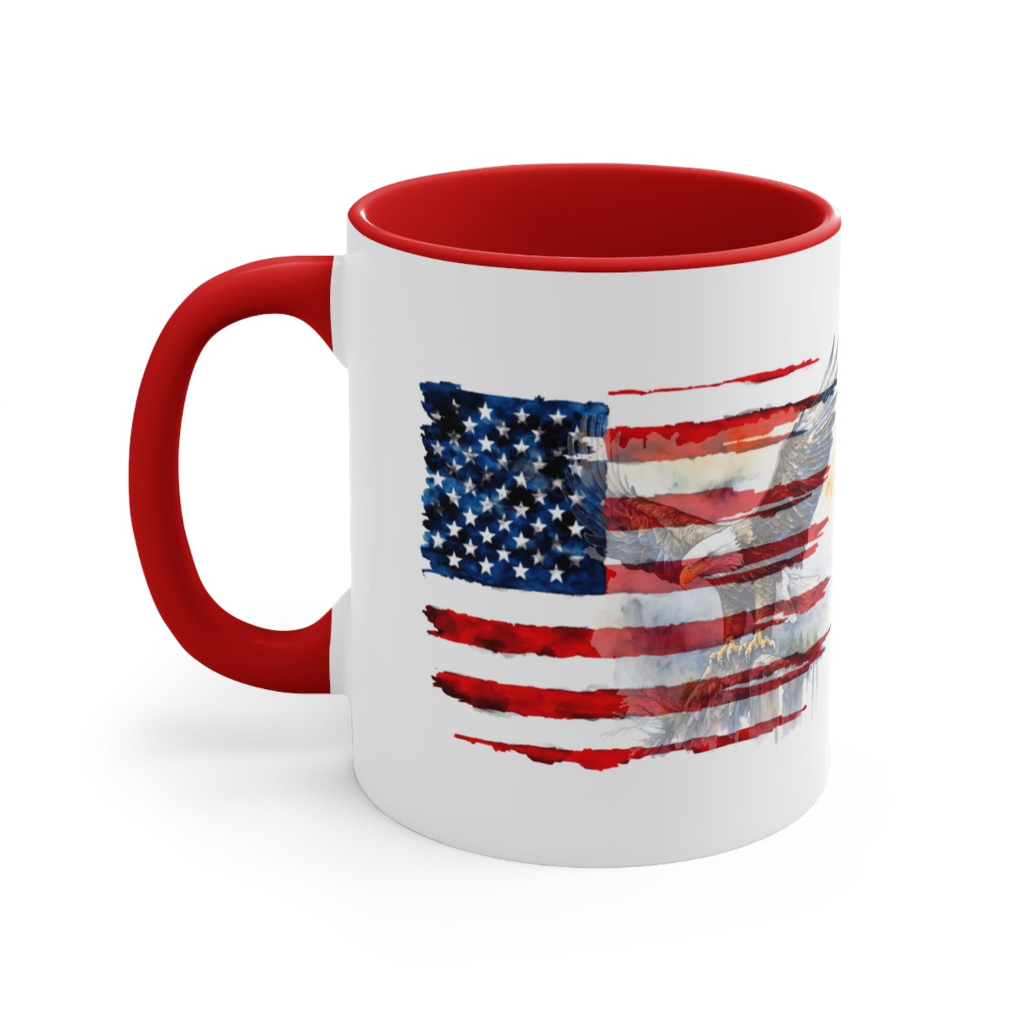 Coffee Mug with US Flag and eagle 11 oz, back view in red.