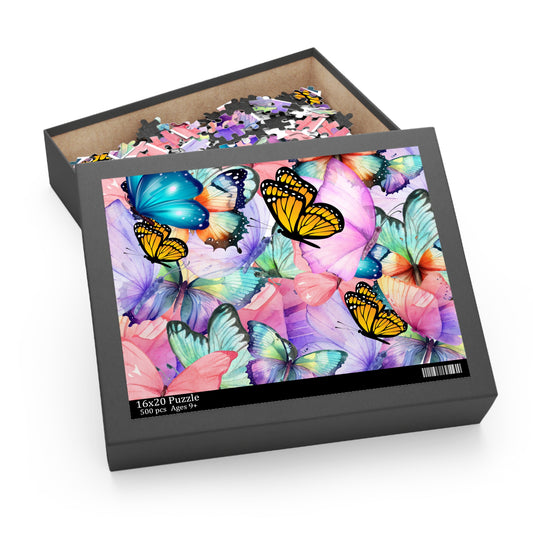 500-piece butterfly jigsaw puzzle for family fun or gift, open box view.