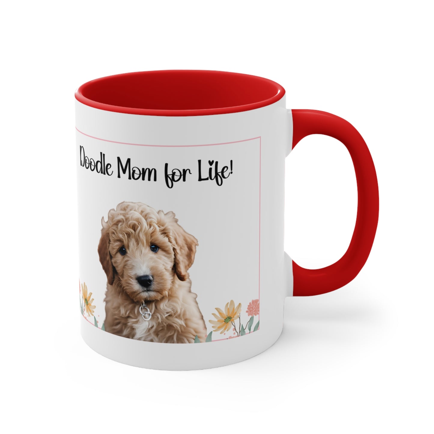 Golden doodle coffee mug, 11 oz hor gift or self, front view in red.