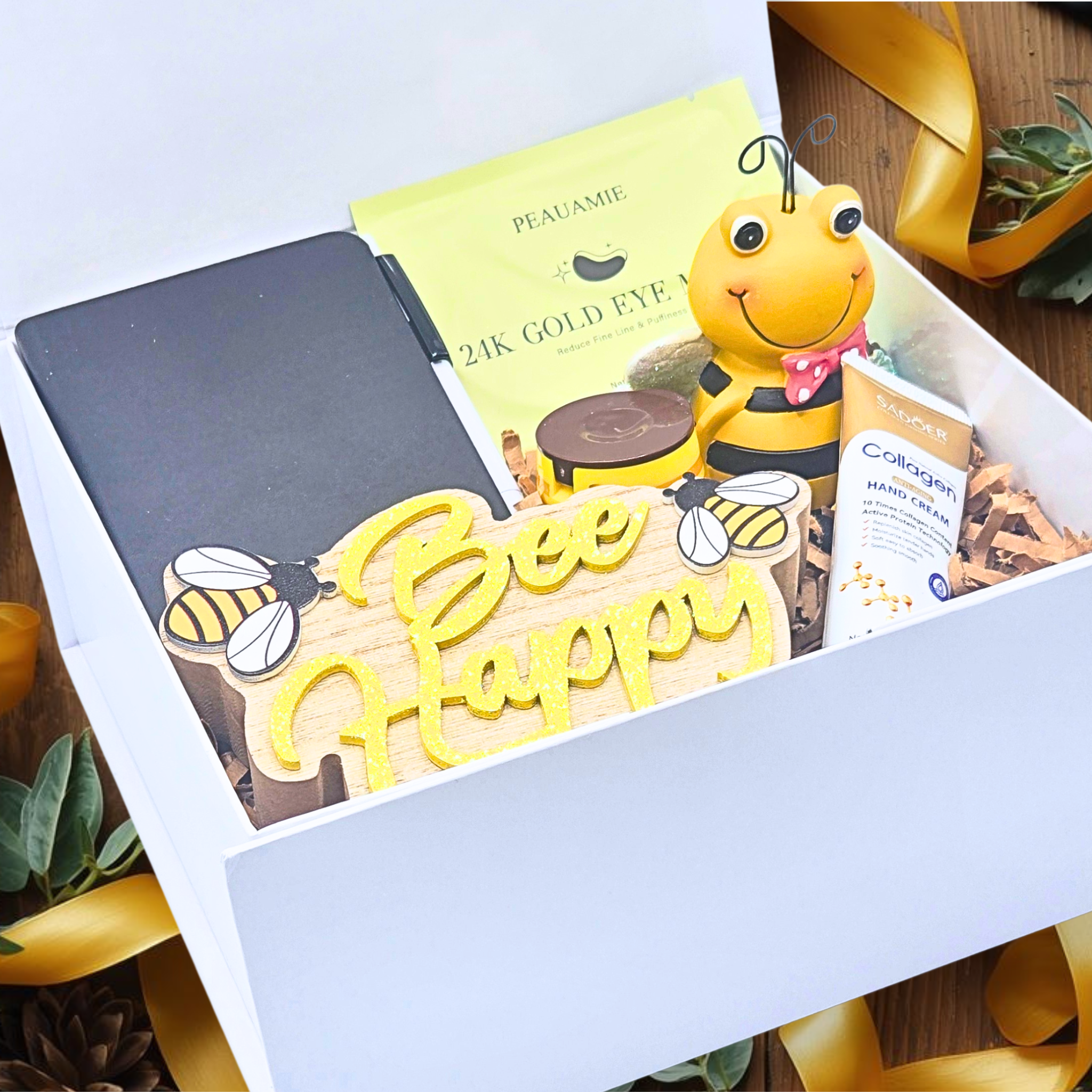Bee Happy Gift Set for Women – Bee Decor, Honey Lip Balm, Hand Cream & 24K Gold Eye Mask
