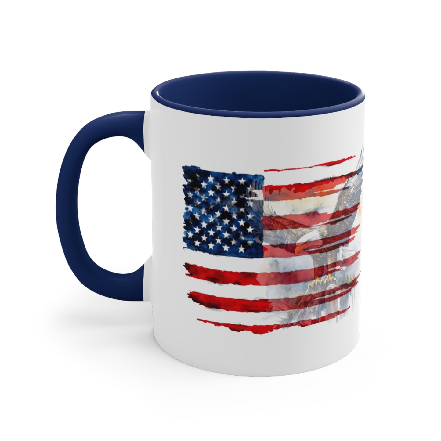 Coffee Mug with US Flag and eagle 11 oz, back view in dark blue.