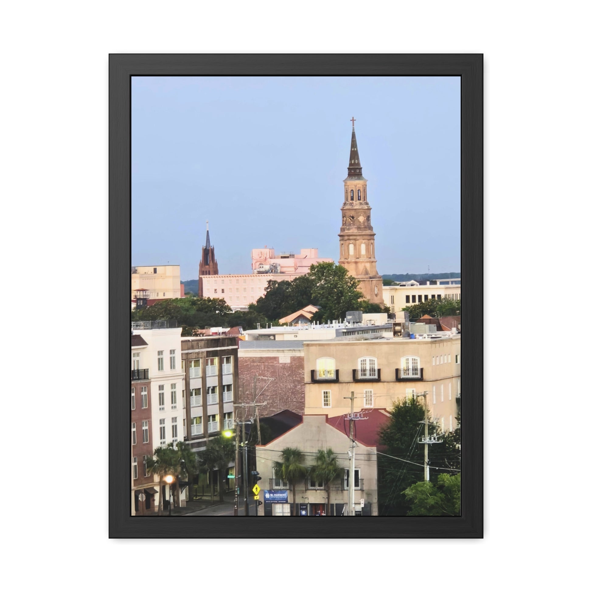 Wall art / poster of Charleston, SC with historical churches, front view.
