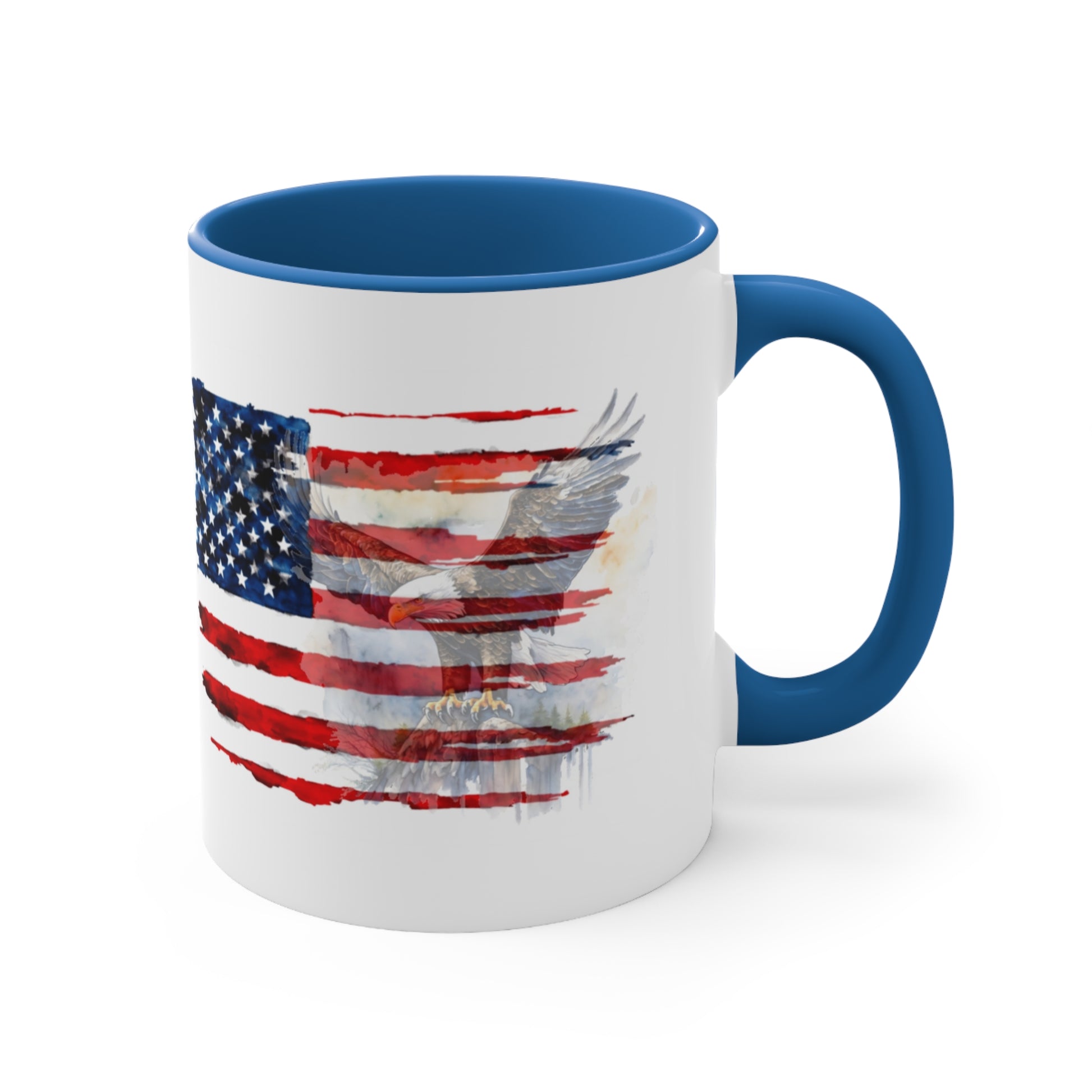 Coffee Mug with US Flag and eagle 11 oz, front view in blue.